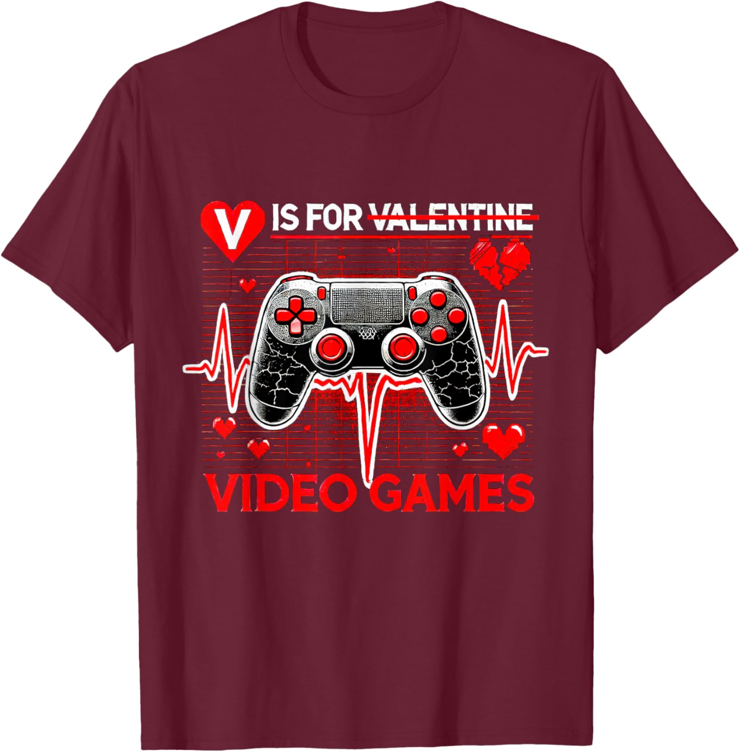 V Is For Video Games Heartbeat Valentine's Day T-Shirt for Gamers - 1