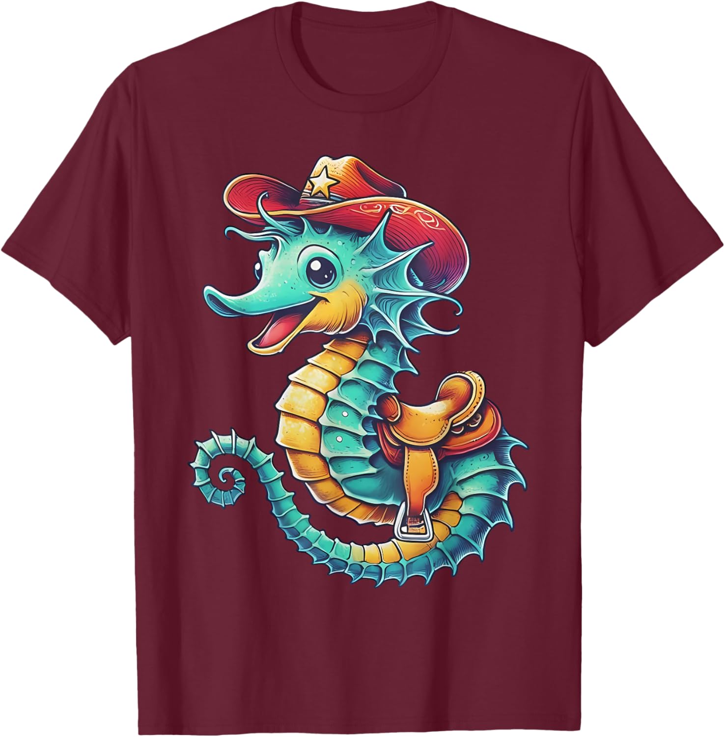 Colorful Cowboy Seahorse Ocean Rodeo T-Shirt for Fun Sea Adventures - 11
