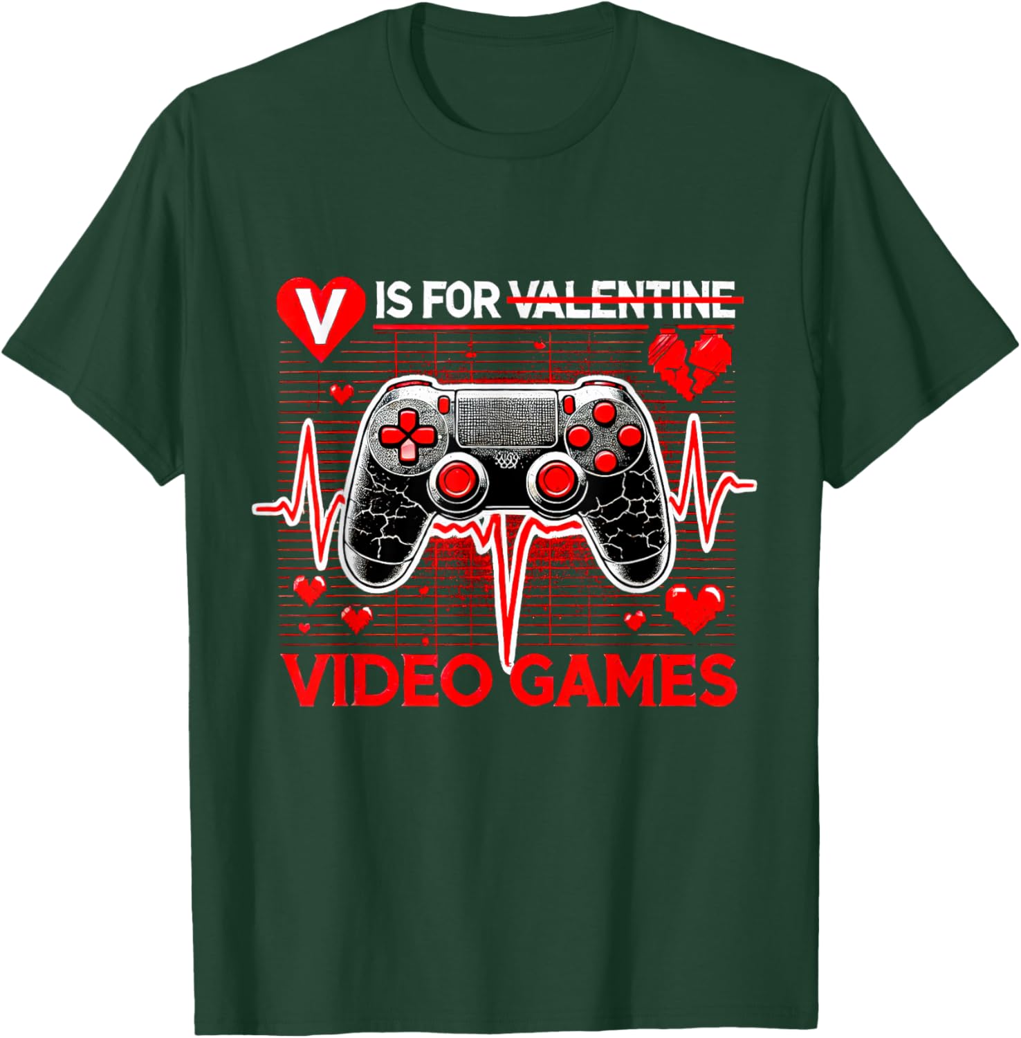 V Is For Video Games Heartbeat Valentine's Day T-Shirt for Gamers - 7