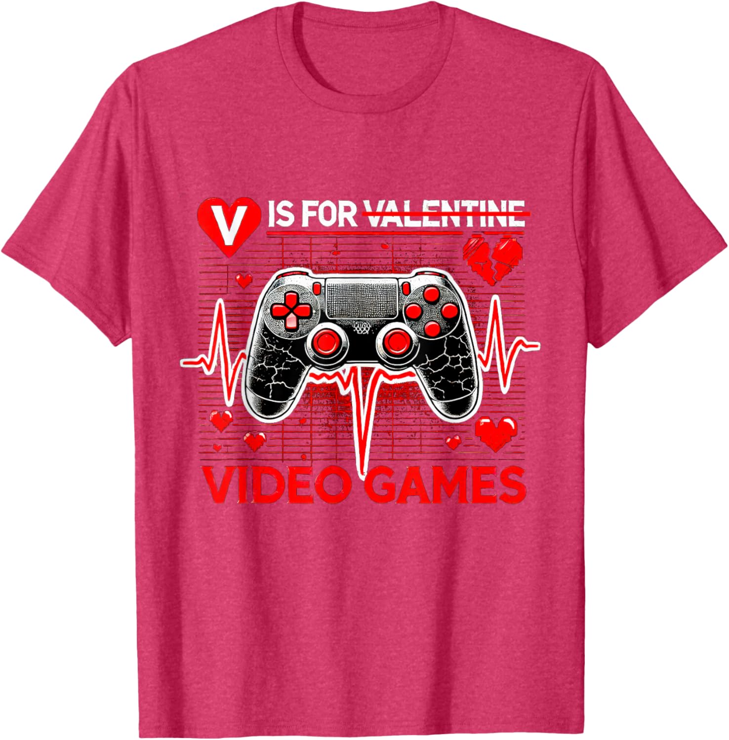 V Is For Video Games Heartbeat Valentine's Day T-Shirt for Gamers - 8