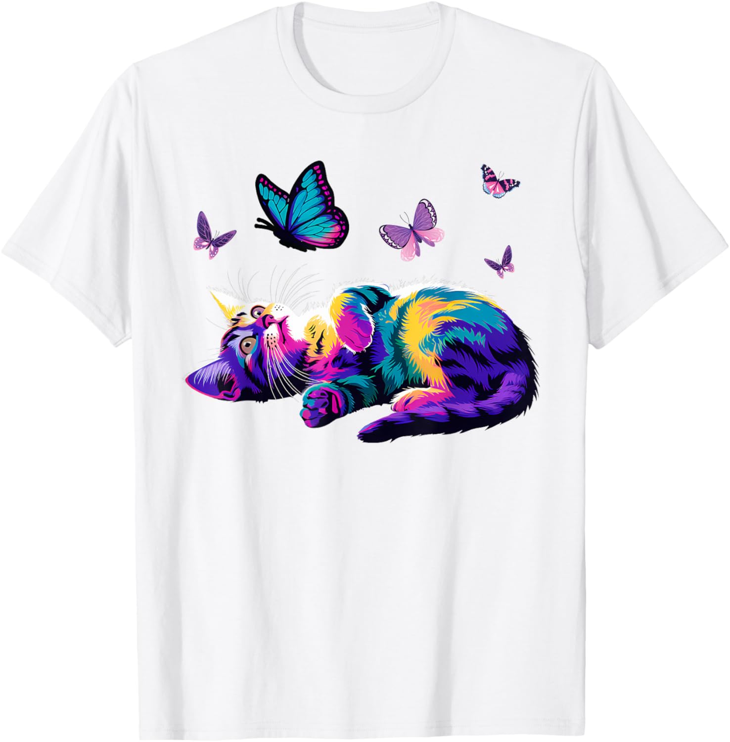 Colorful Cute Cat Playing with Butterfly T-Shirt for Cat Lovers Kids and Adults - 16