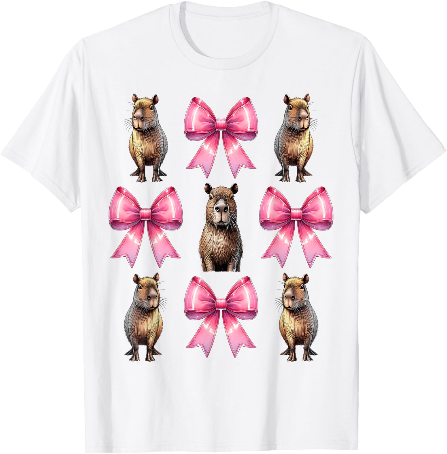 Coquette Bow Capybara Mom T-Shirt for Girls - Cute Pink Design for Mother's Day - 1