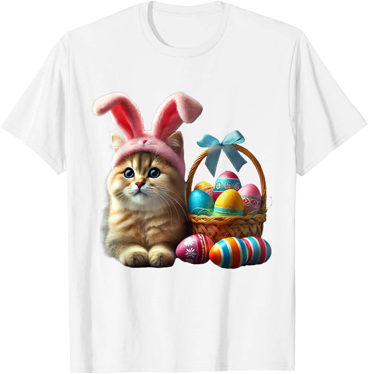 Adorable Easter Cat Kids T-Shirt with Bunny Ears and Colorful Eggs - 5