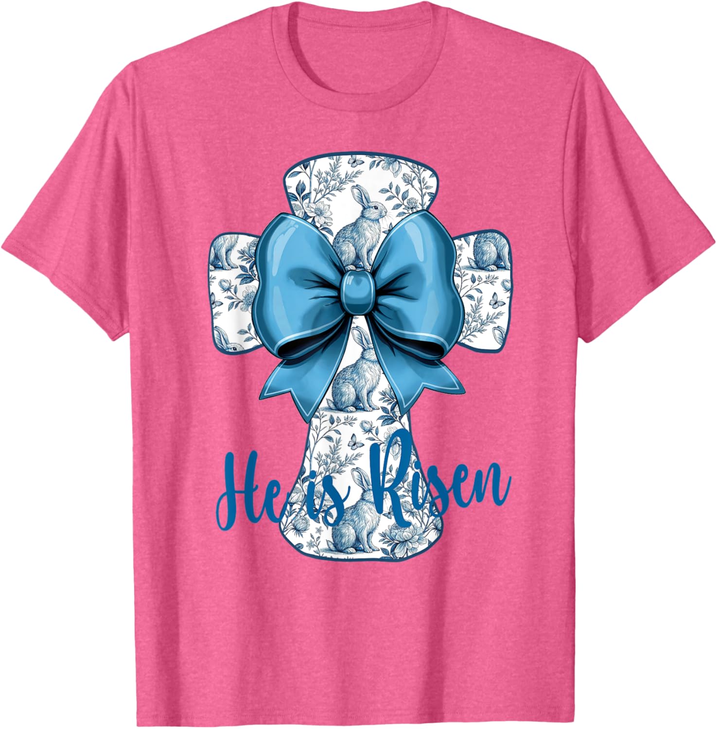 He Is Risen Blue Toile Cross Easter Christian T-Shirt for Faith Fans - 2