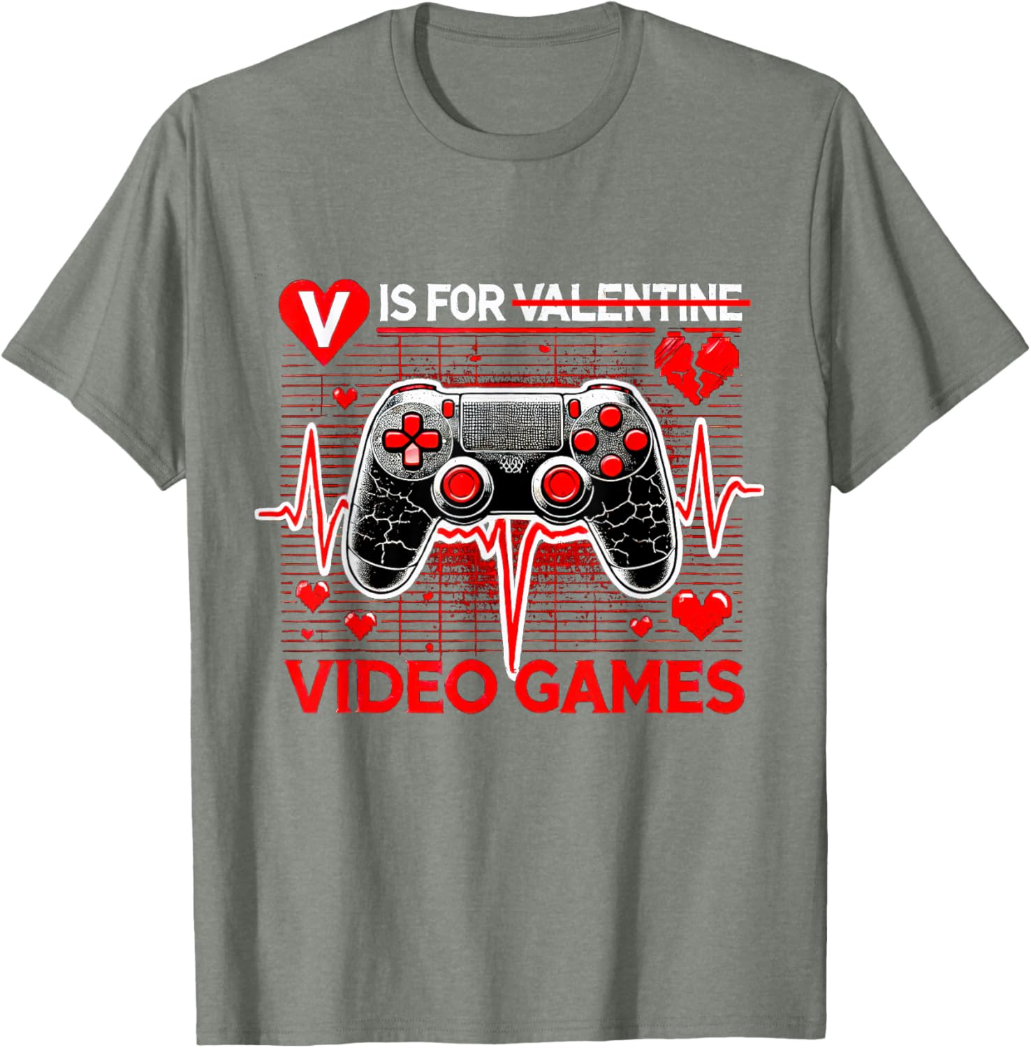 V Is For Video Games Heartbeat Valentine's Day T-Shirt for Gamers - 13