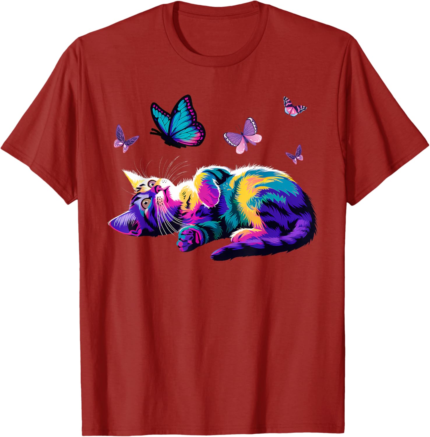 Colorful Cute Cat Playing with Butterfly T-Shirt for Cat Lovers Kids and Adults - 17
