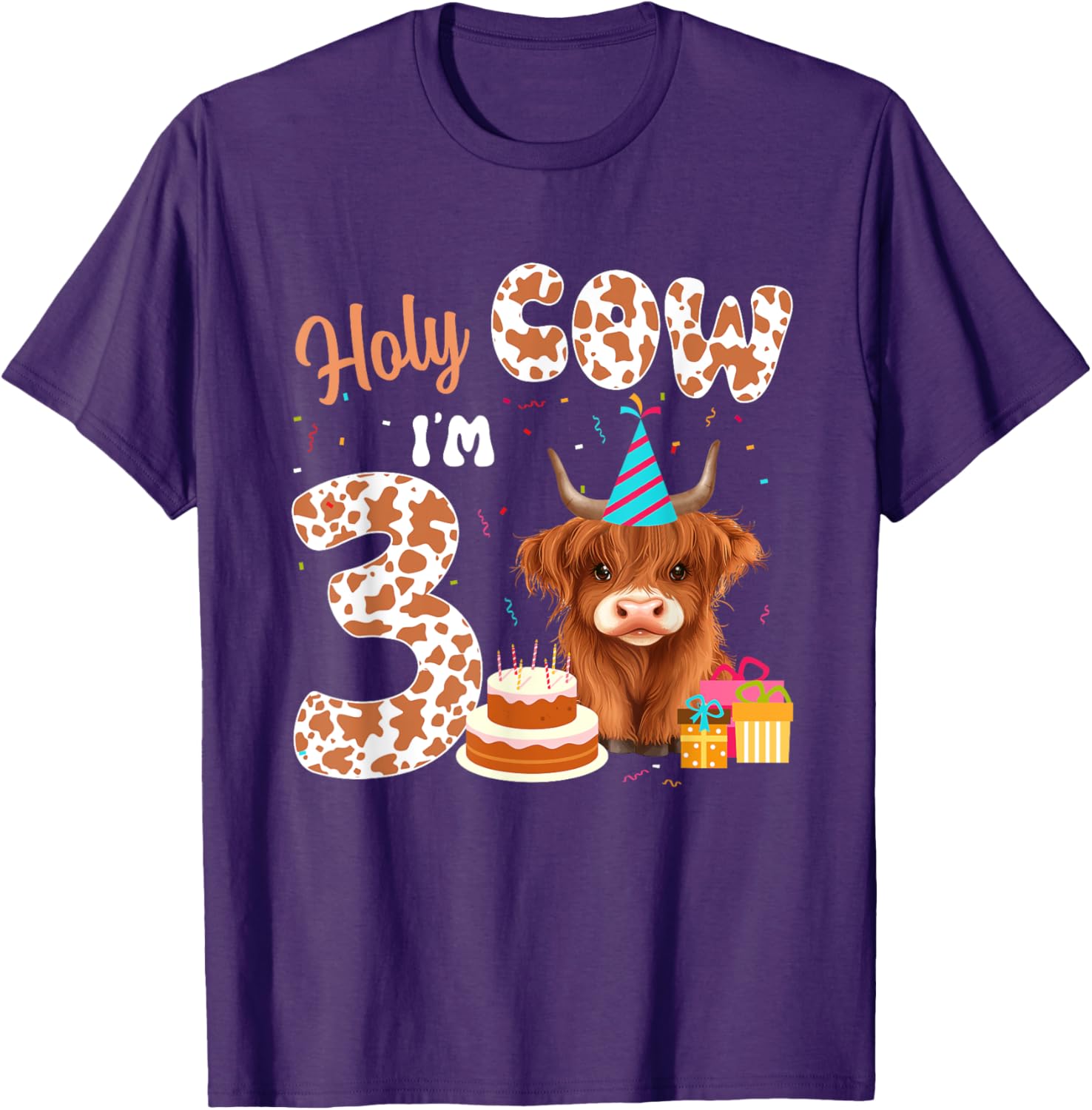 Holy Cow I'm 3 Years Old Highland Cow Birthday Party T-Shirt for Kids - 3