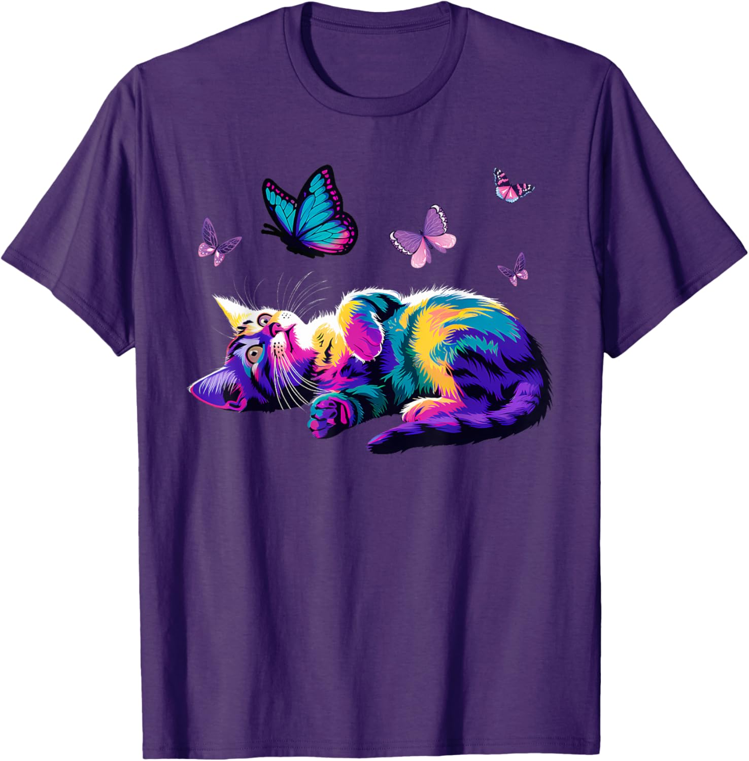 Colorful Cute Cat Playing with Butterfly T-Shirt for Cat Lovers Kids and Adults - 6