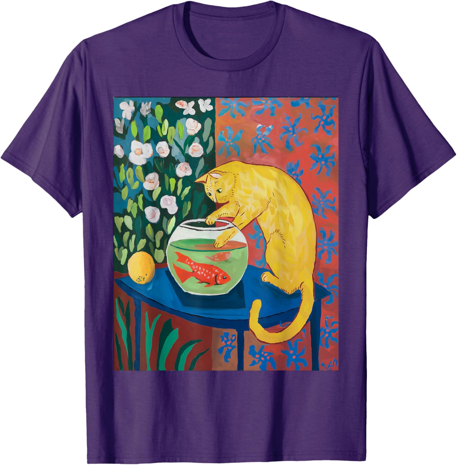 Vintage Matisse Cat T-Shirt with Red Fishes Fun Retro Style Apparel - 8