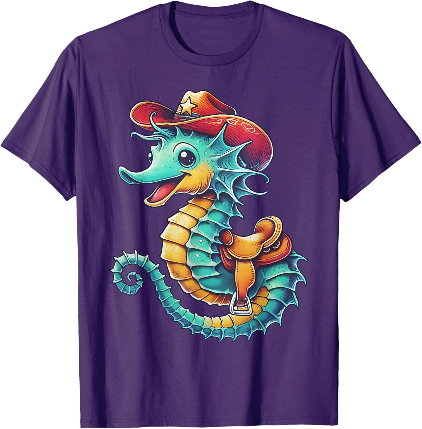 Colorful Cowboy Seahorse Ocean Rodeo T-Shirt for Fun Sea Adventures - 17