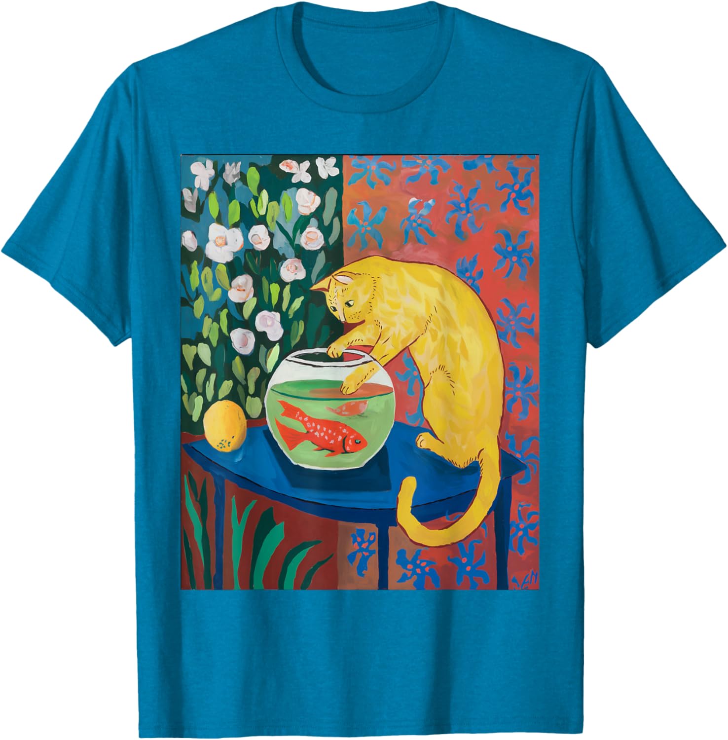 Vintage Matisse Cat T-Shirt with Red Fishes Fun Retro Style Apparel - 9
