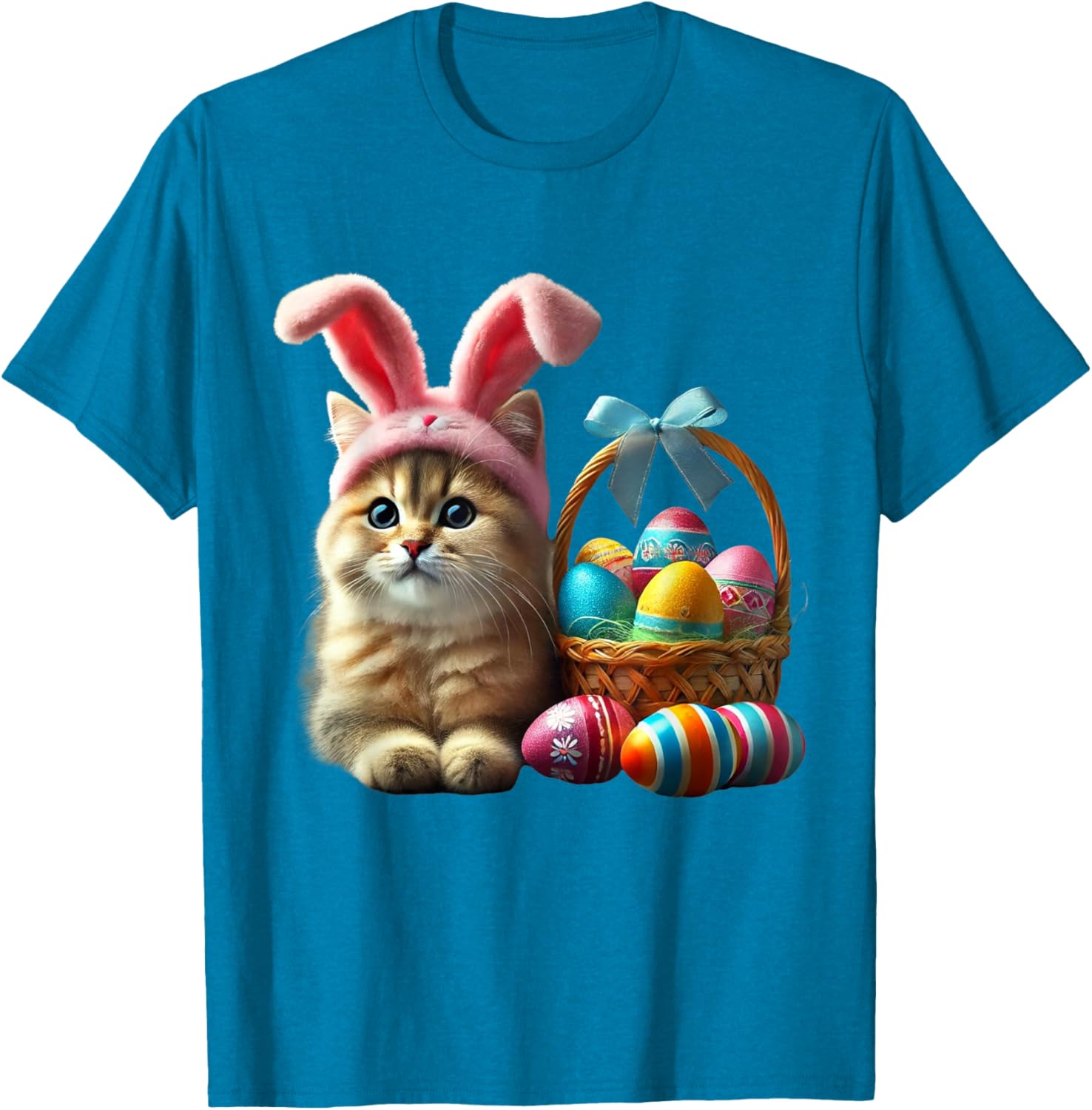 Adorable Easter Cat Kids T-Shirt with Bunny Ears and Colorful Eggs - 19