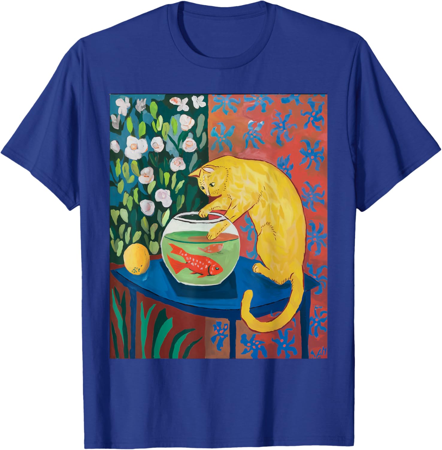 Vintage Matisse Cat T-Shirt with Red Fishes Fun Retro Style Apparel - 4