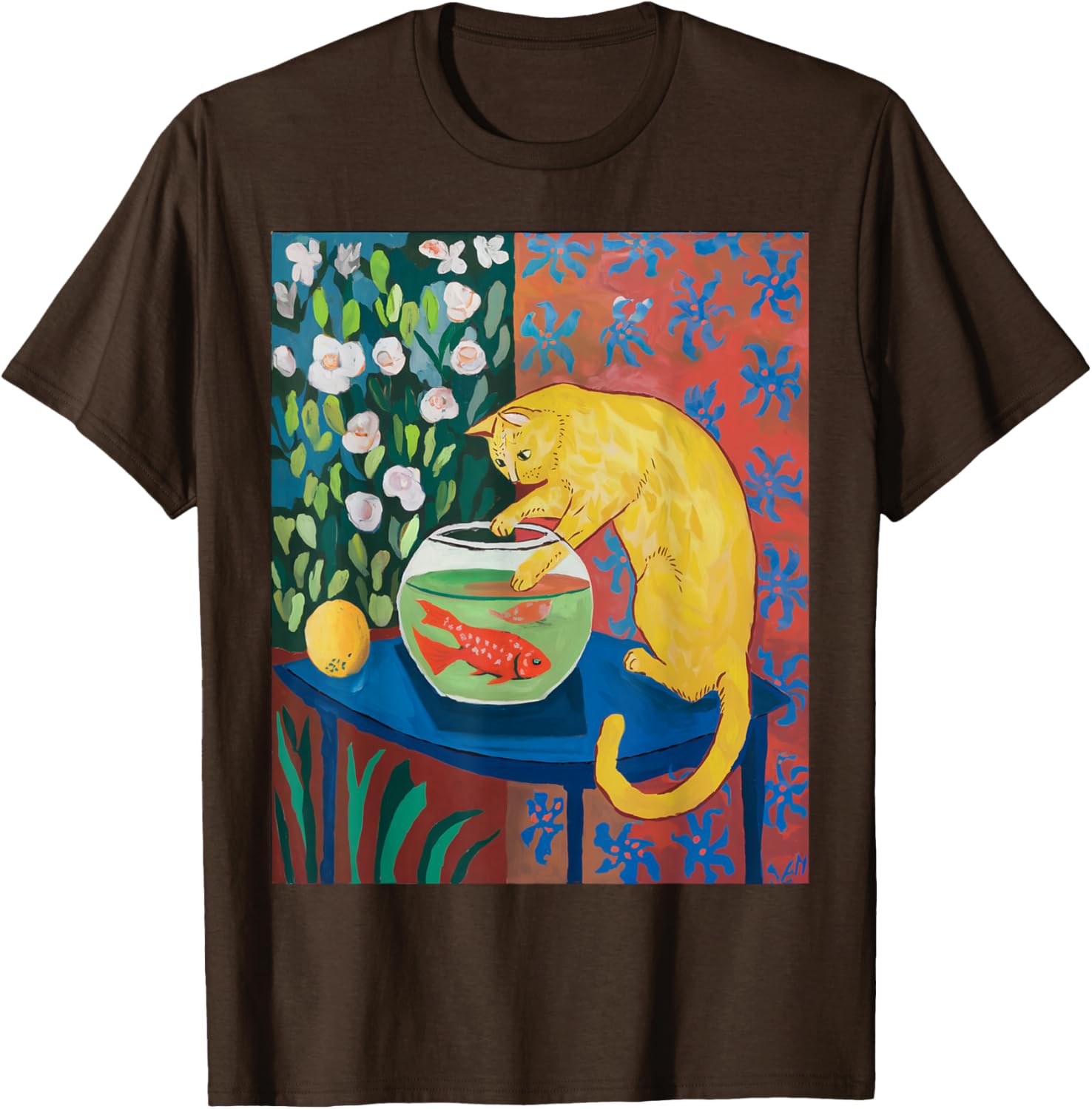 Vintage Matisse Cat T-Shirt with Red Fishes Fun Retro Style Apparel - 12