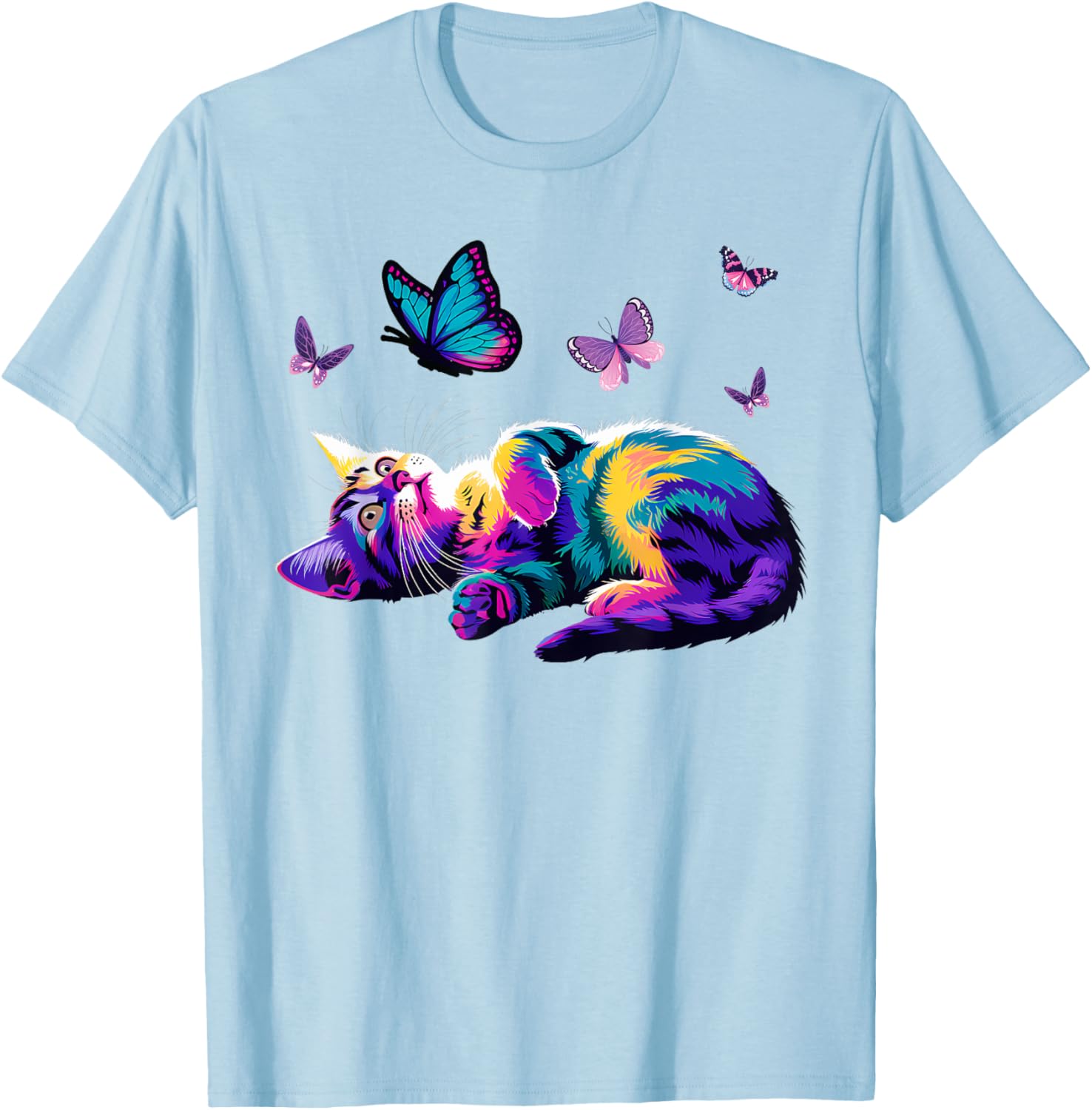 Colorful Cute Cat Playing with Butterfly T-Shirt for Cat Lovers Kids and Adults - 3