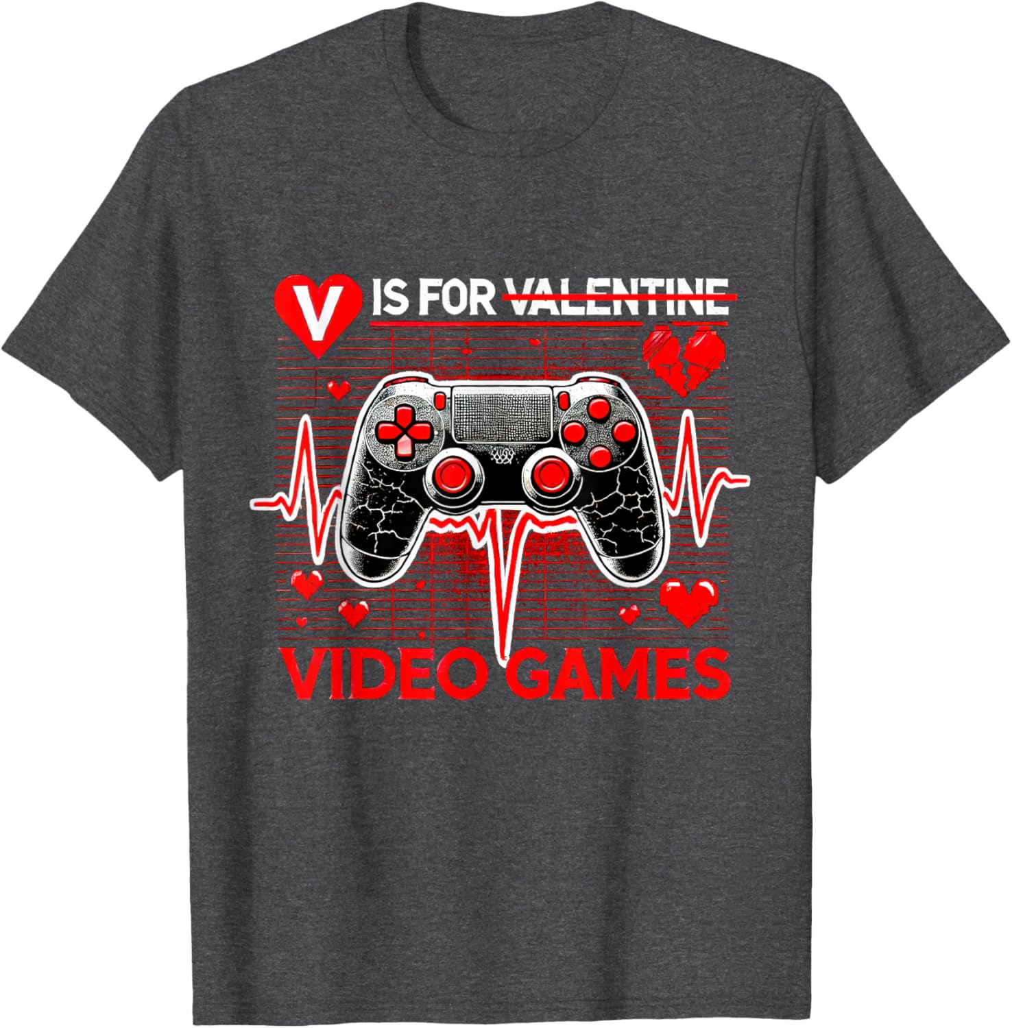 V Is For Video Games Heartbeat Valentine's Day T-Shirt for Gamers - 19