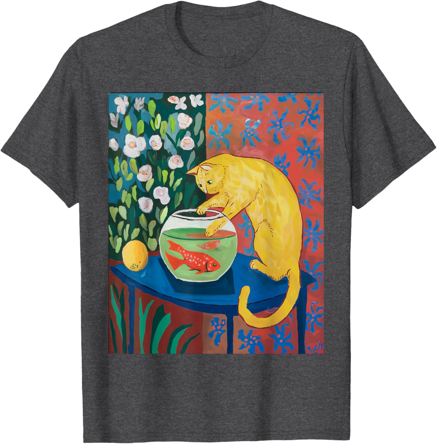 Vintage Matisse Cat T-Shirt with Red Fishes Fun Retro Style Apparel - 6