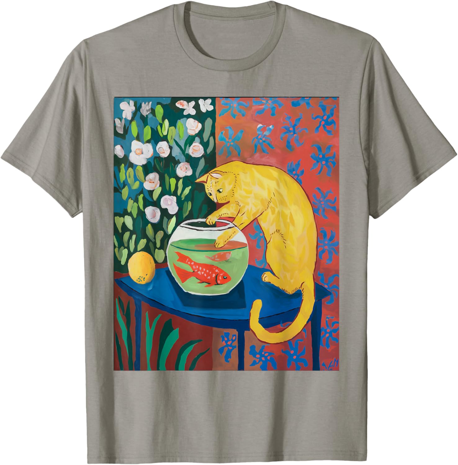 Vintage Matisse Cat T-Shirt with Red Fishes Fun Retro Style Apparel - 11