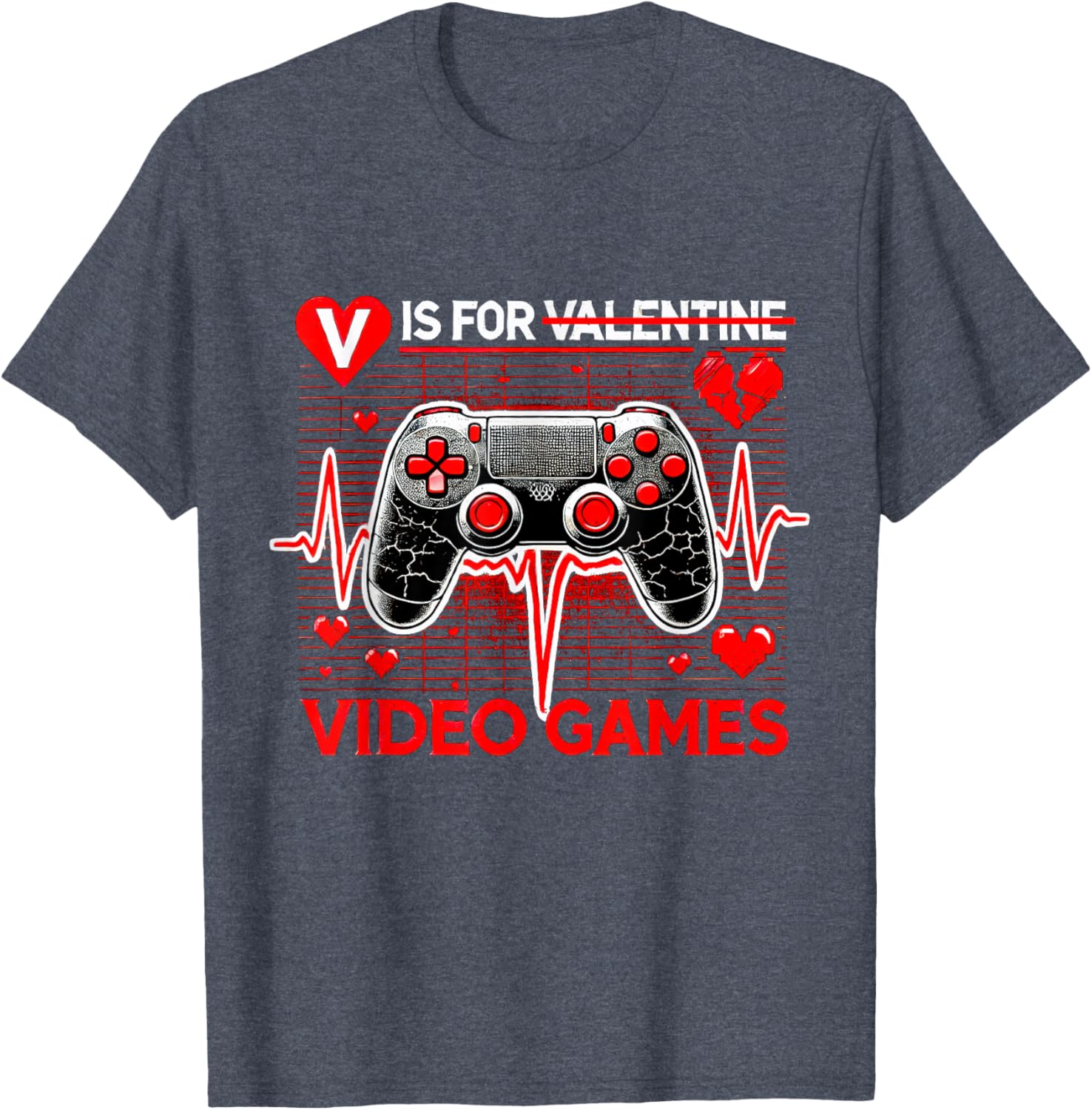 V Is For Video Games Heartbeat Valentine's Day T-Shirt for Gamers - 9