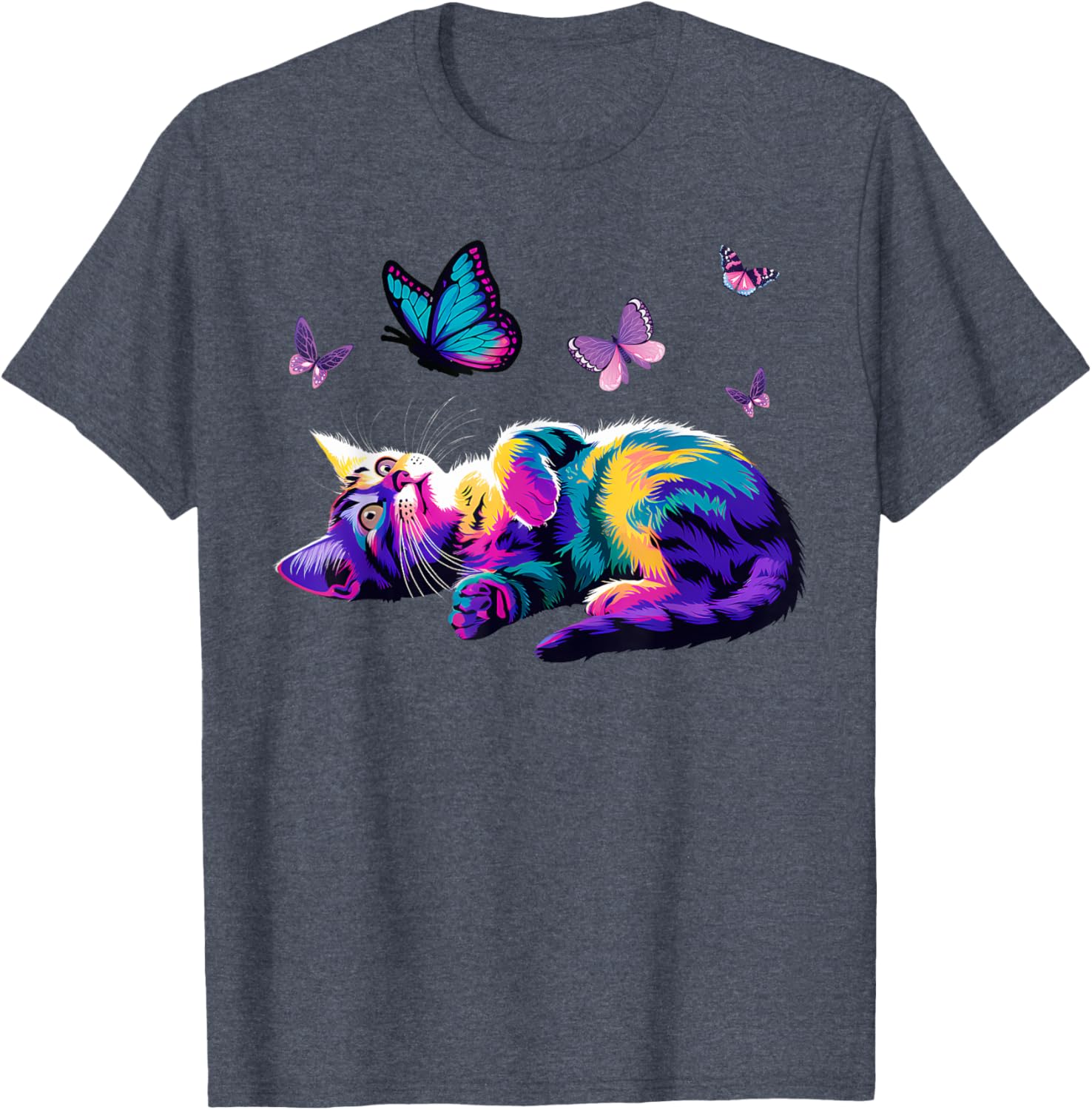 Colorful Cute Cat Playing with Butterfly T-Shirt for Cat Lovers Kids and Adults - 15