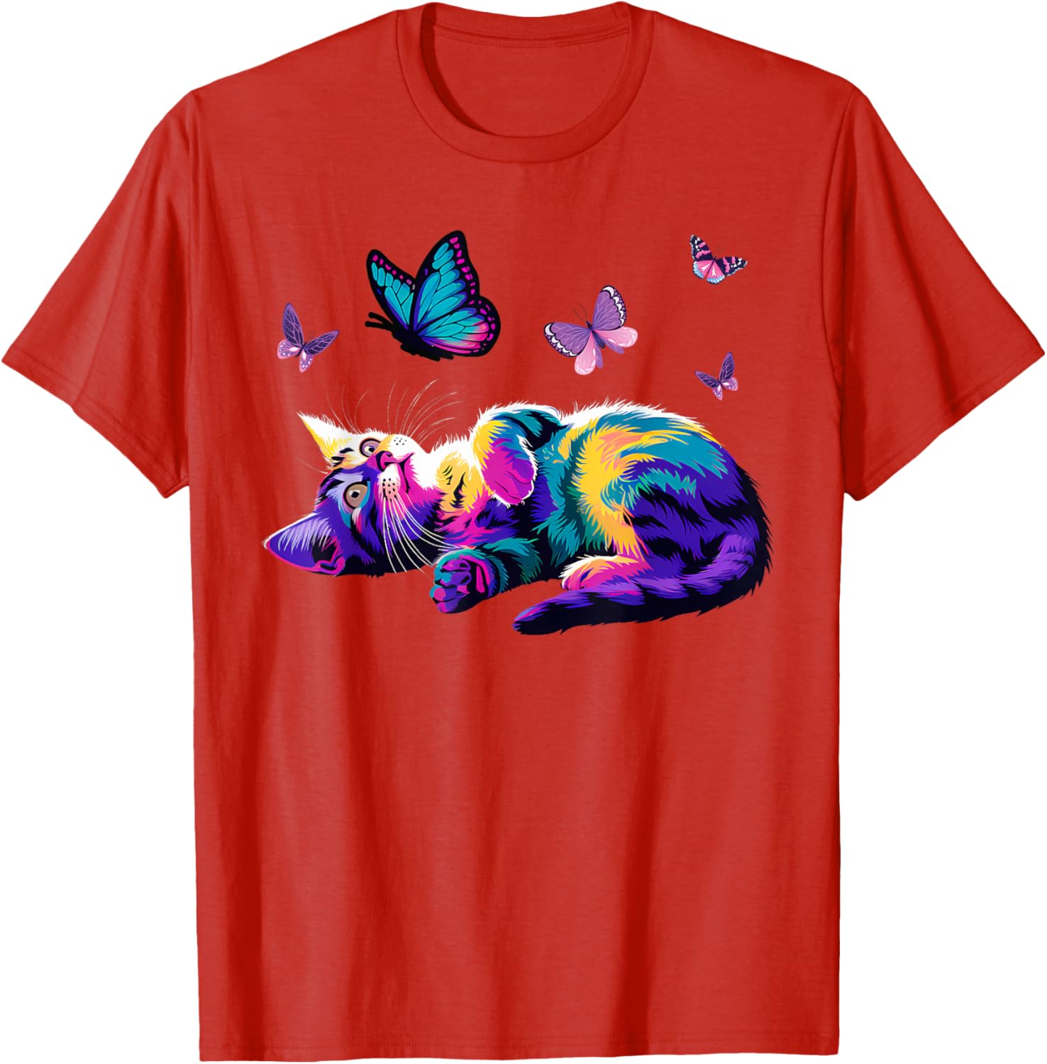 Colorful Cute Cat Playing with Butterfly T-Shirt for Cat Lovers Kids and Adults - 5