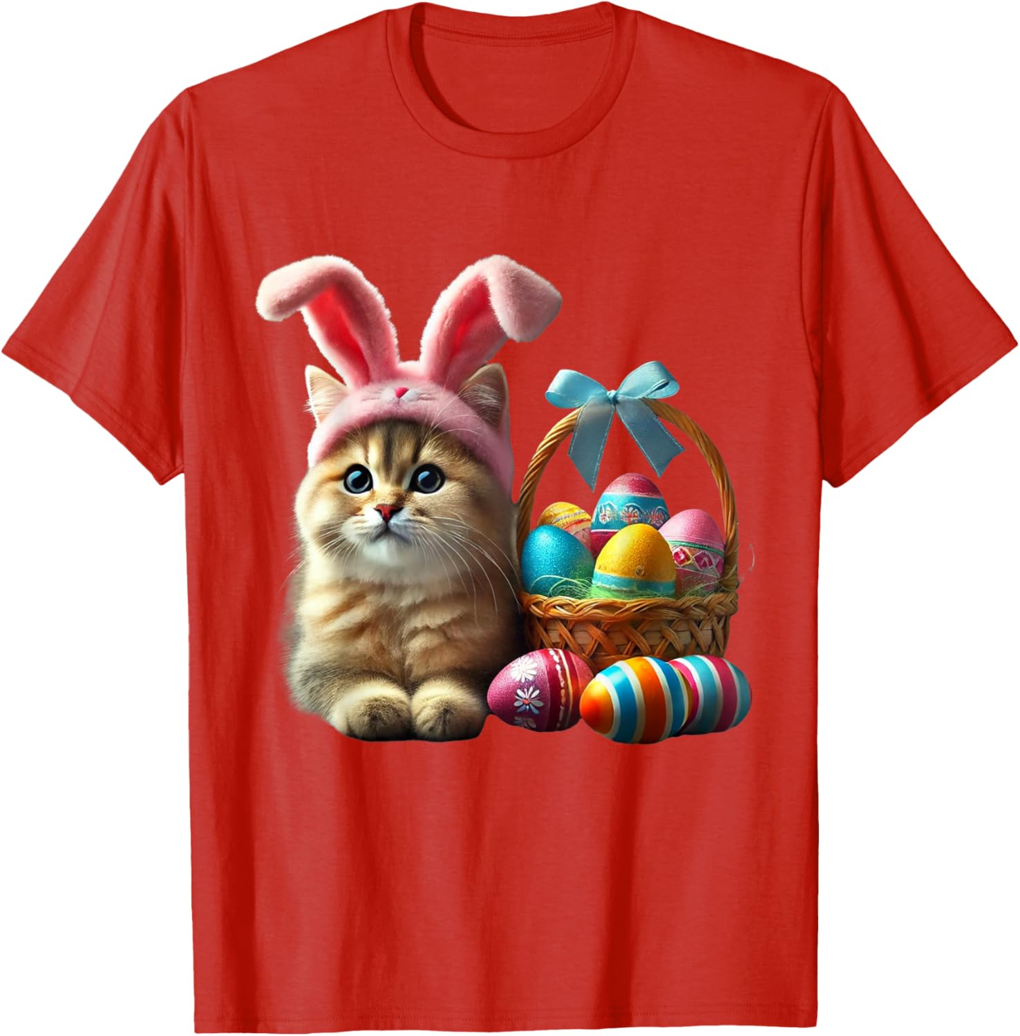 Adorable Easter Cat Kids T-Shirt with Bunny Ears and Colorful Eggs - 14