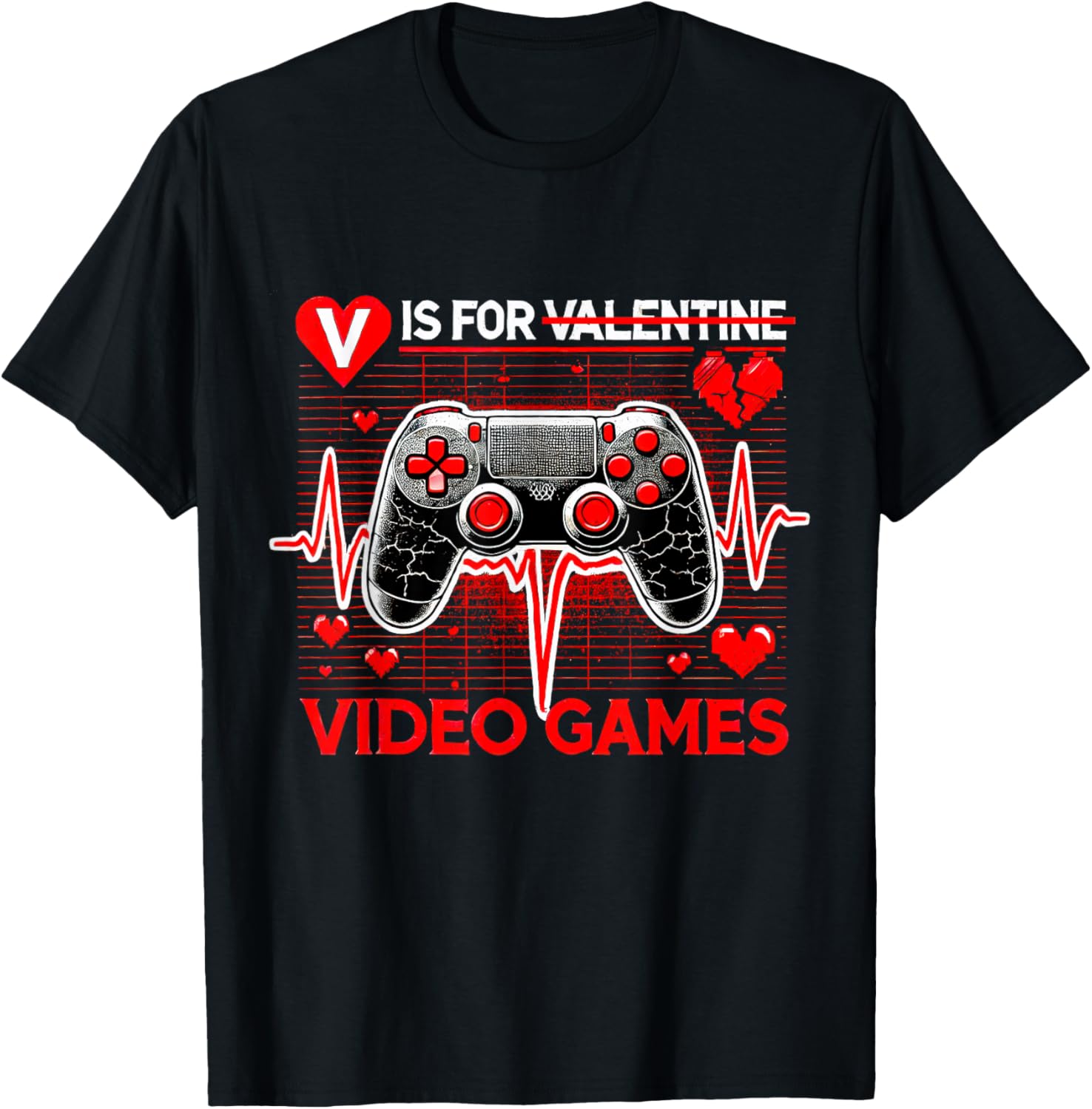 V Is For Video Games Heartbeat Valentine's Day T-Shirt for Gamers - 2
