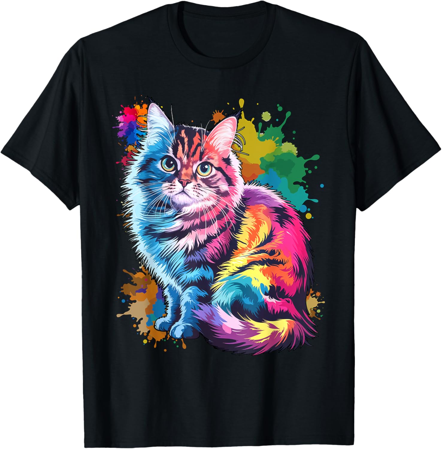 Colorful Watercolor Cat T-Shirt for Men and Women - Fun Cat Lover Tee - 8