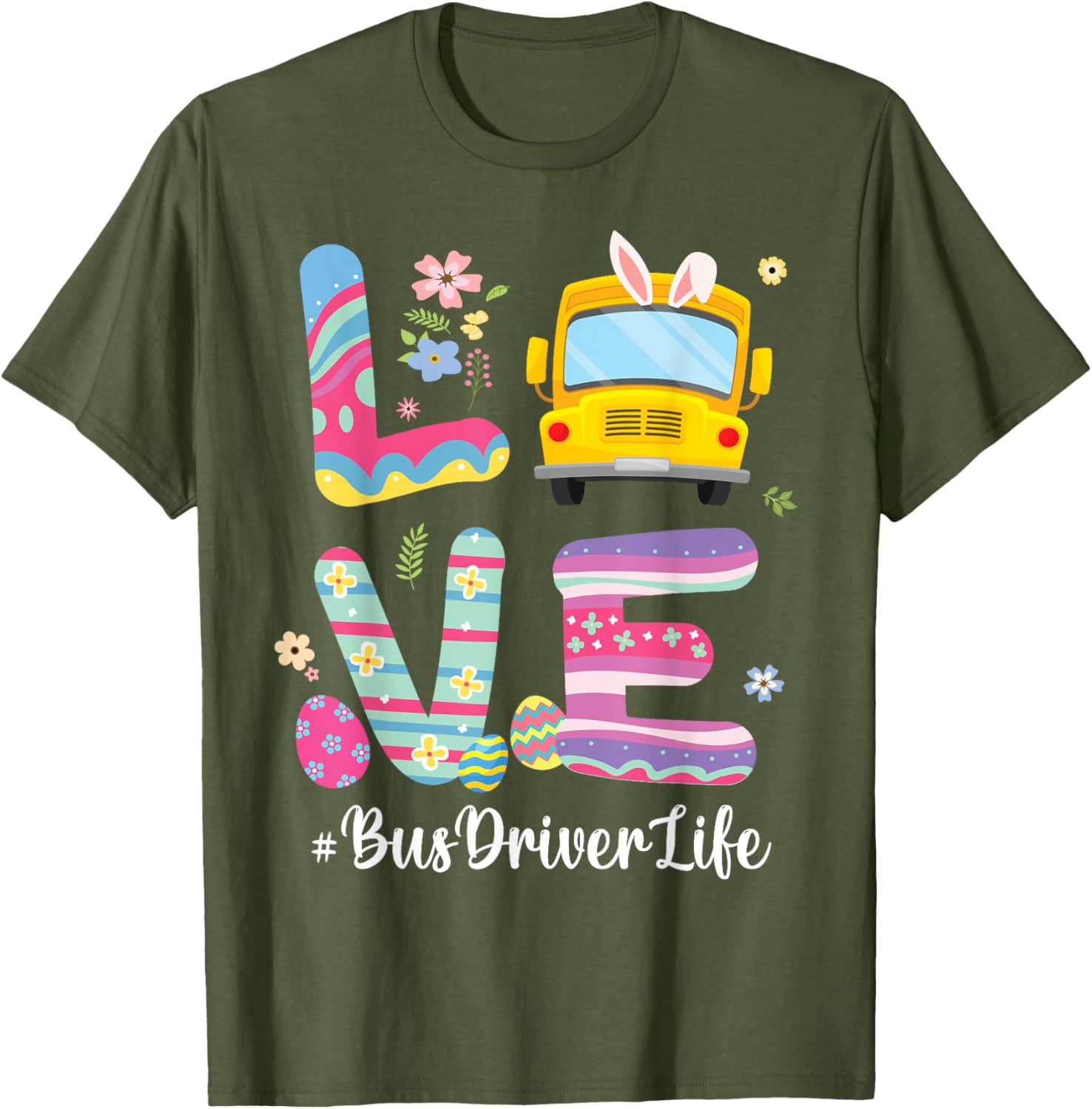 Bus Bunny Flowers Easter Eggs T-Shirt for Fun School Bus Drivers - 1