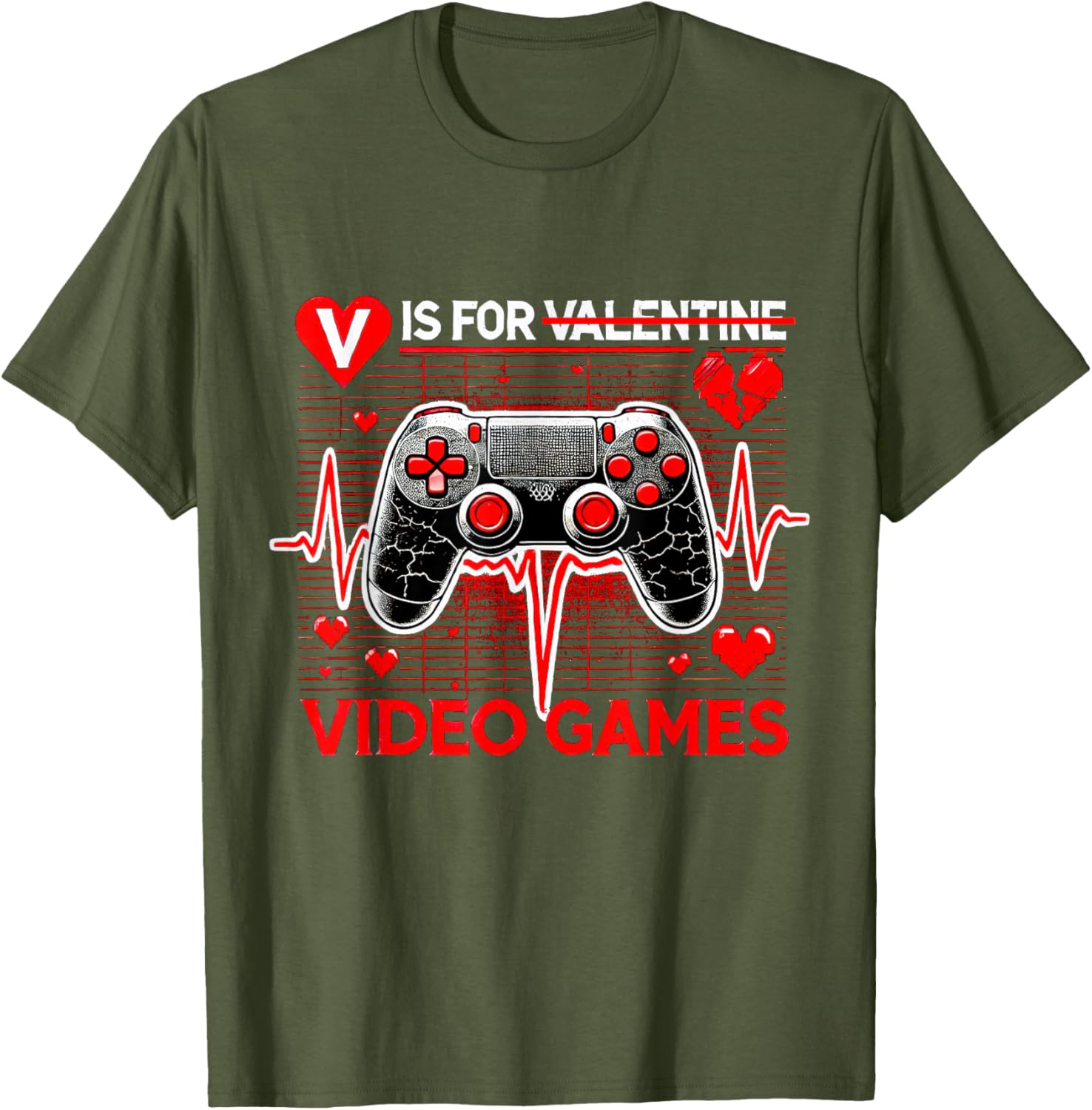 V Is For Video Games Heartbeat Valentine's Day T-Shirt for Gamers - 3