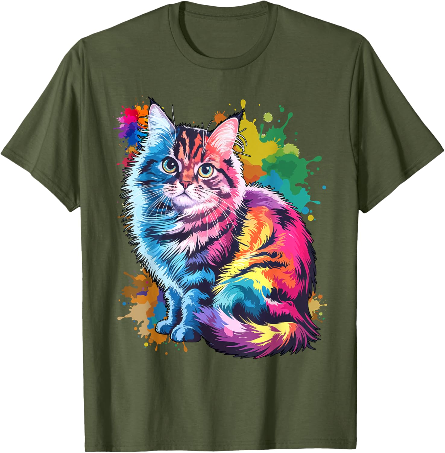Colorful Watercolor Cat T-Shirt for Men and Women - Fun Cat Lover Tee - 4