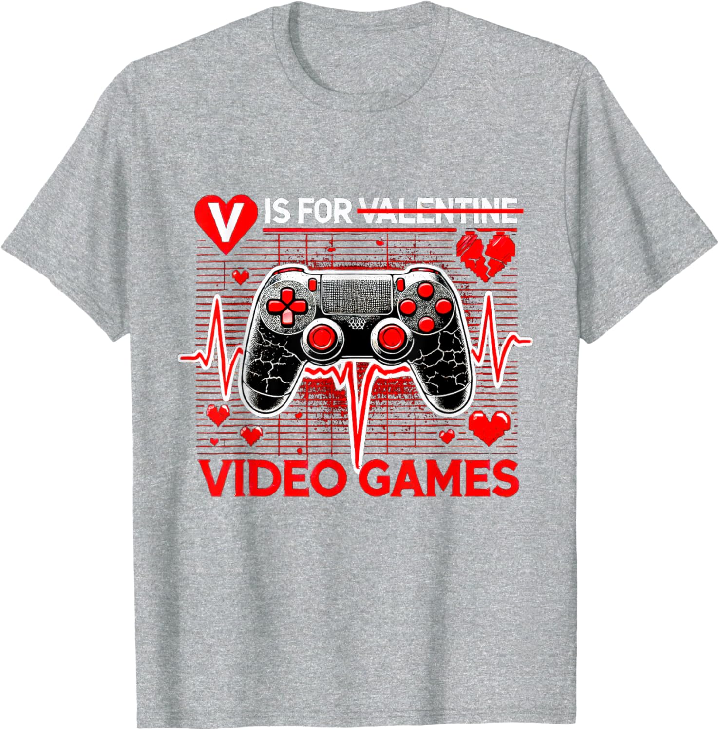 V Is For Video Games Heartbeat Valentine's Day T-Shirt for Gamers - 4