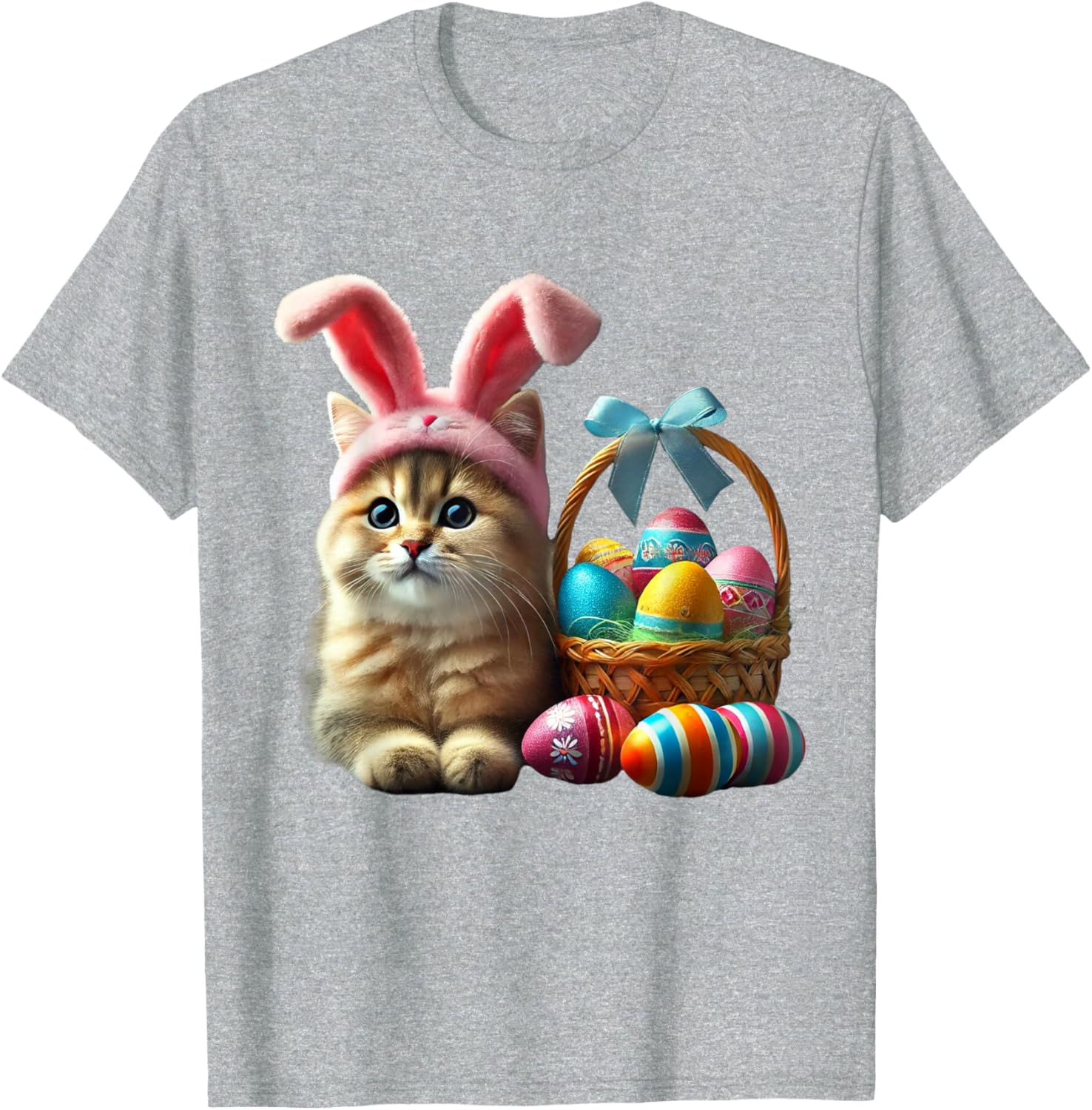 Adorable Easter Cat Kids T-Shirt with Bunny Ears and Colorful Eggs - 16