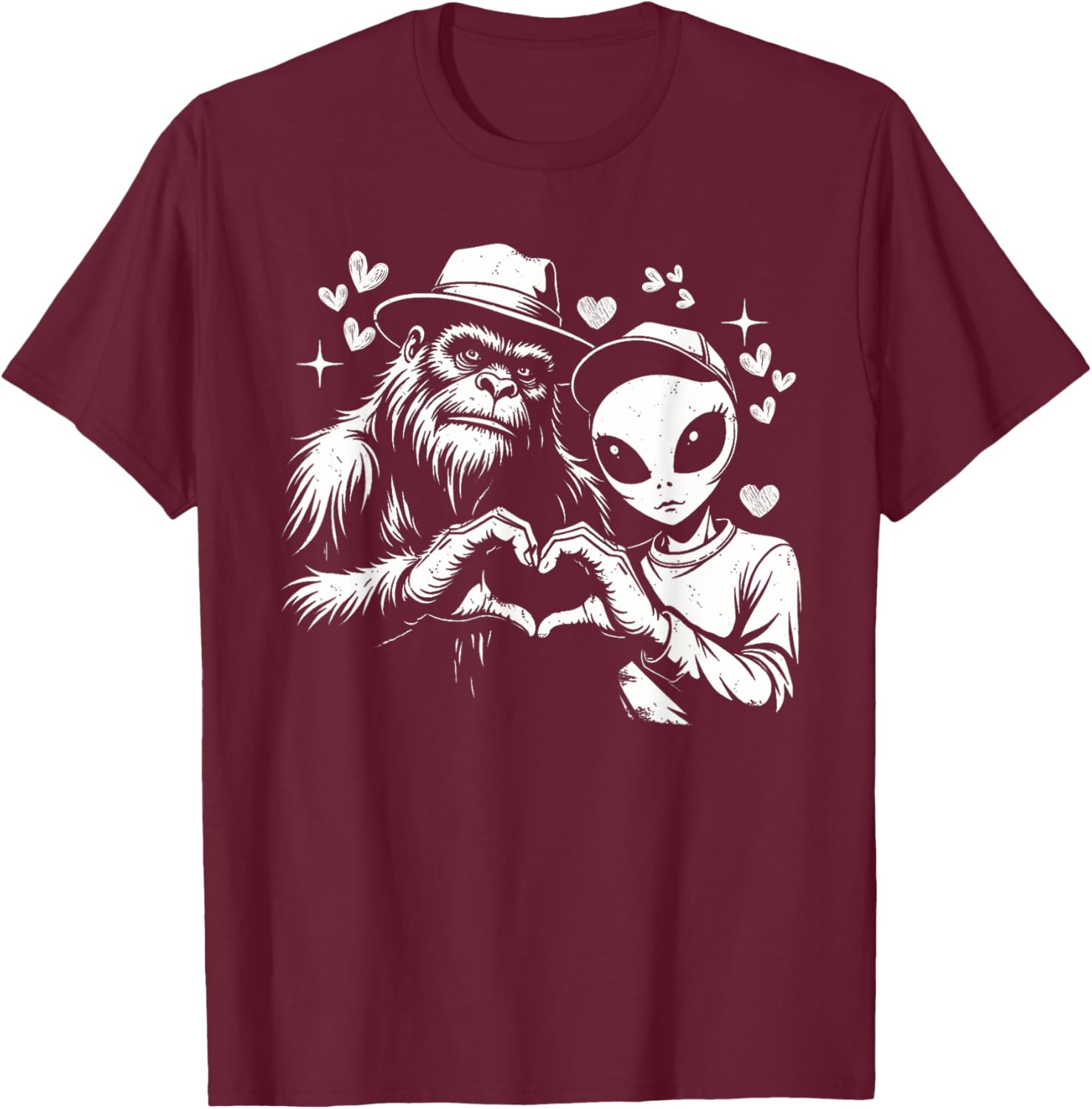 Funny Bigfoot and Alien Love Hand Sign T-Shirt for Unique Style - 6