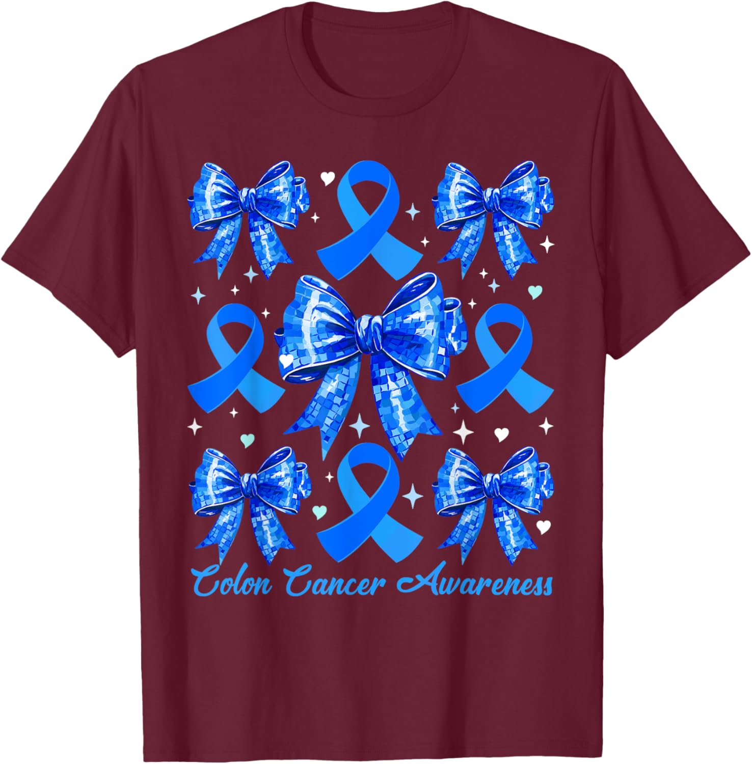 Retro Coquette Blue Ribbon T-Shirt for Women's Colon Cancer Awareness - 9