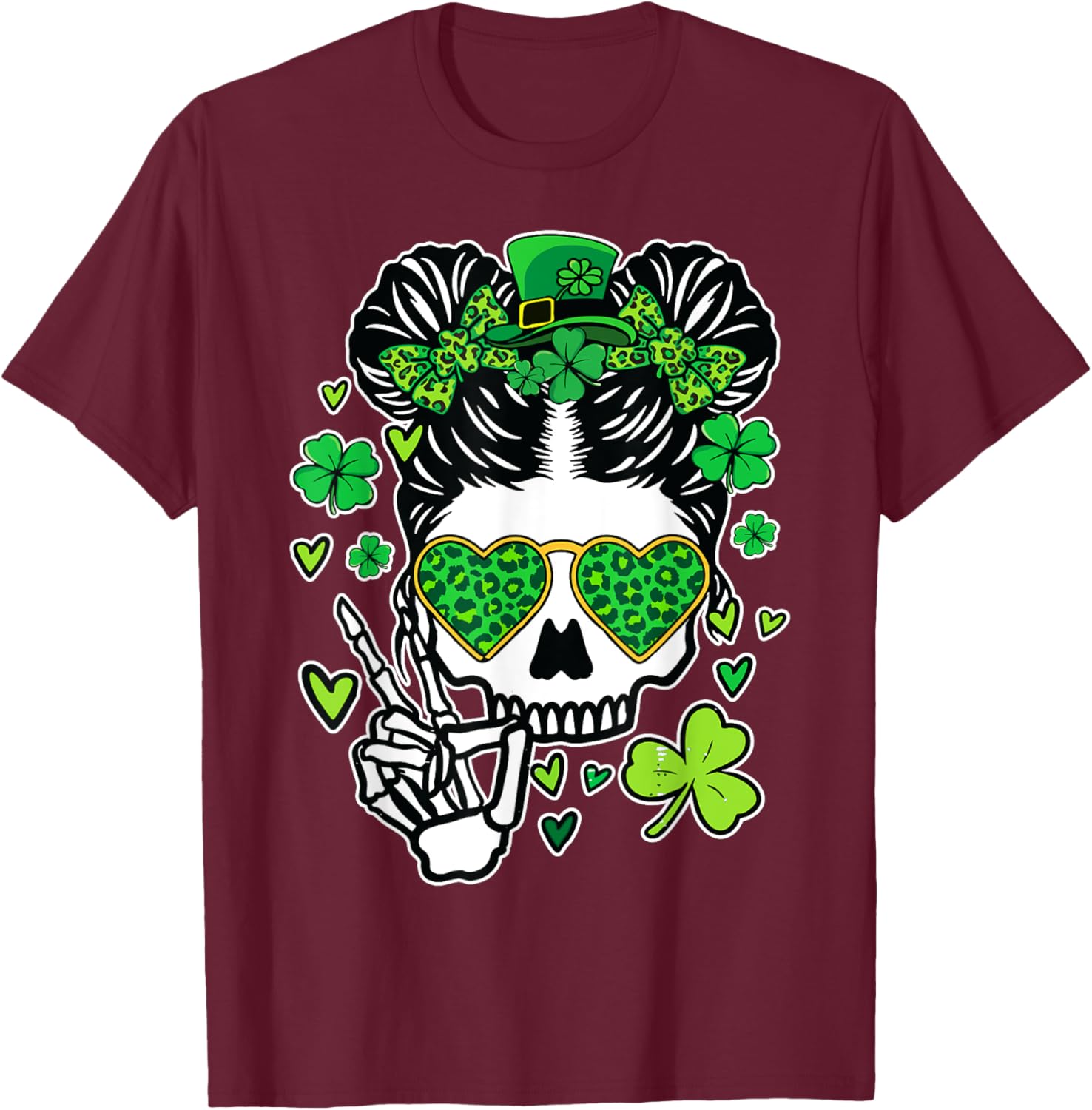 St Patrick's Day Skull Messy Bun Women’s T-Shirt for Festive Style - 8