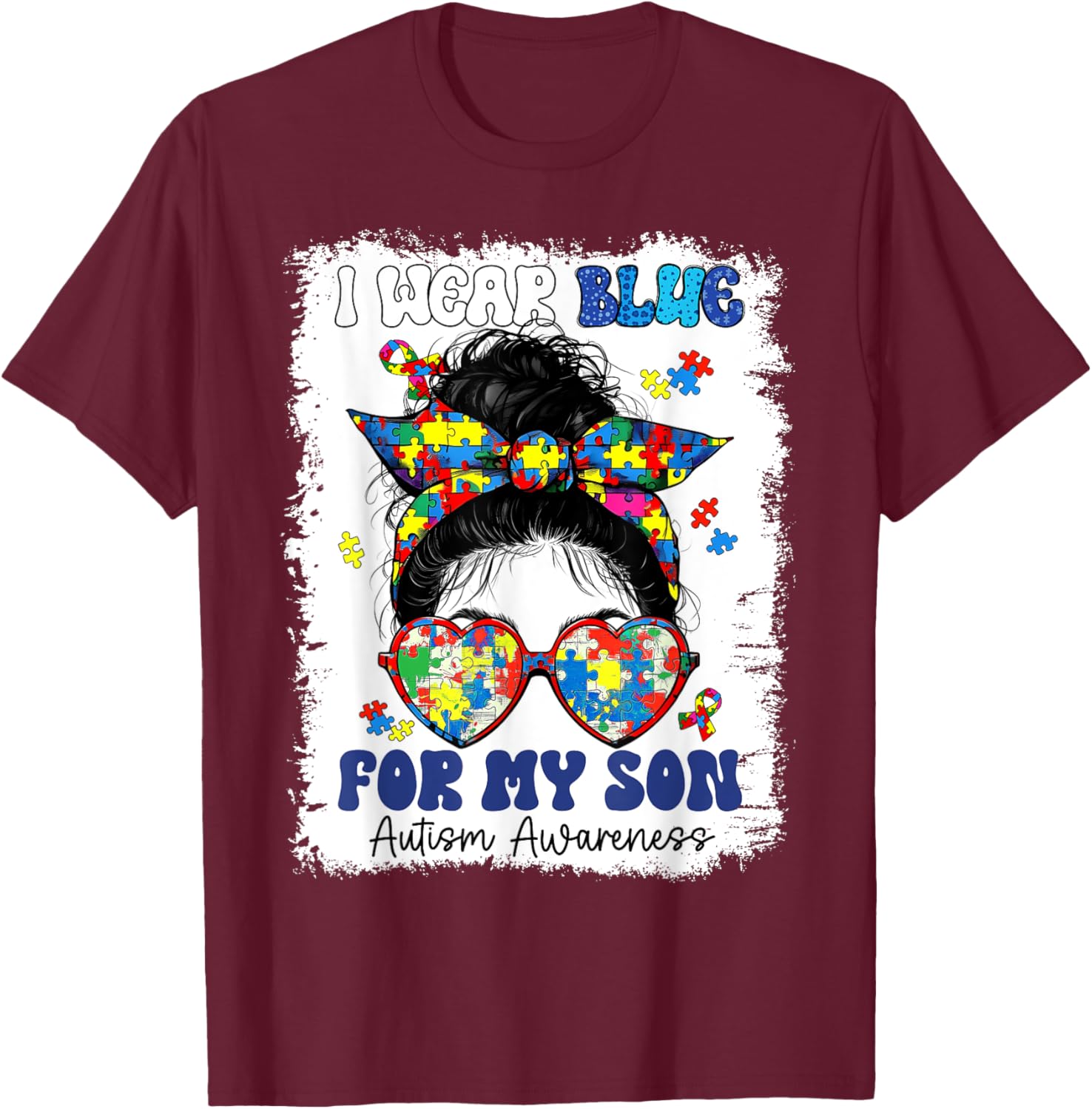 Mom Messy Bun Autism Awareness Puzzle T-Shirt for Proud Mothers - 12