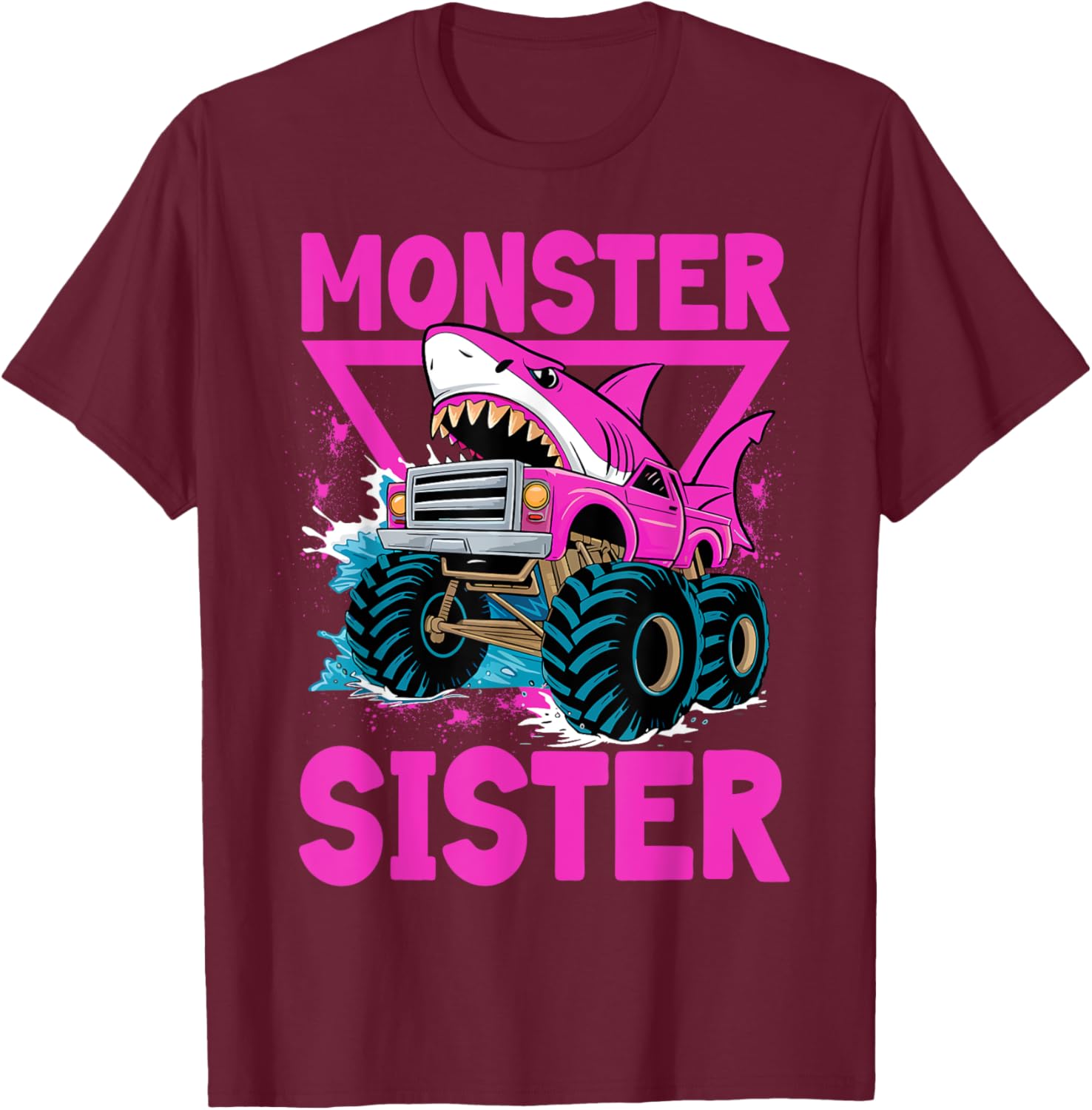 Pink Shark Monster Truck T-Shirt for Girls - Fun Sister Jam Shirt - 10