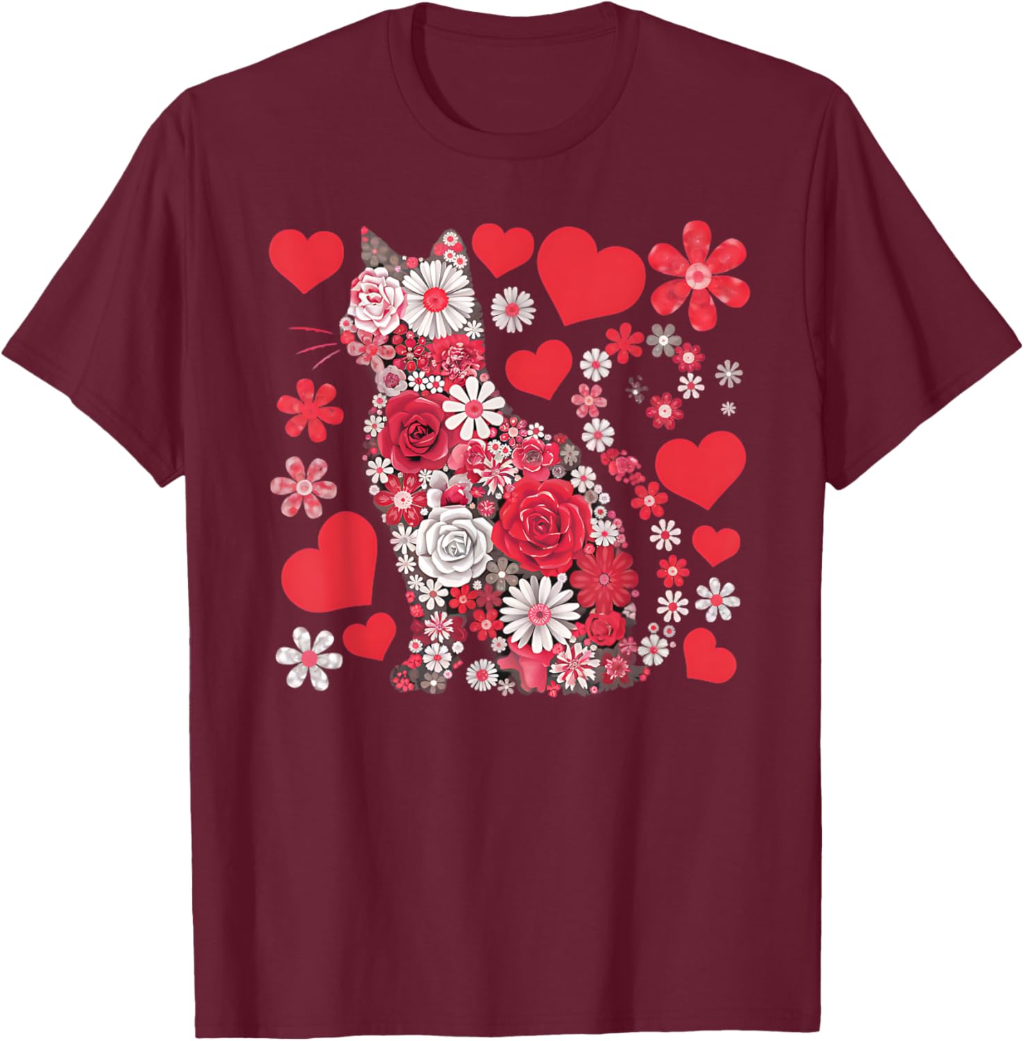 Cute Cat Floral Hearts Valentine’s Day T-Shirt for Kids and Adults - 3