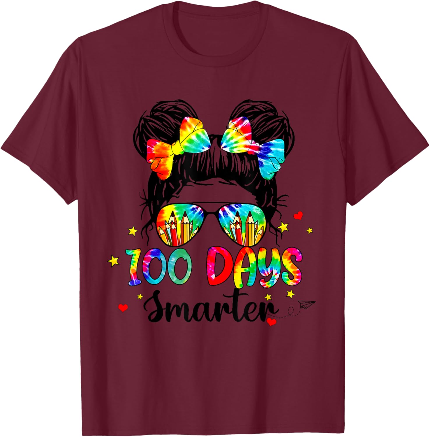 Cute Tie Dye Messy Bun 100 Days of School Shirt for Kids - 3