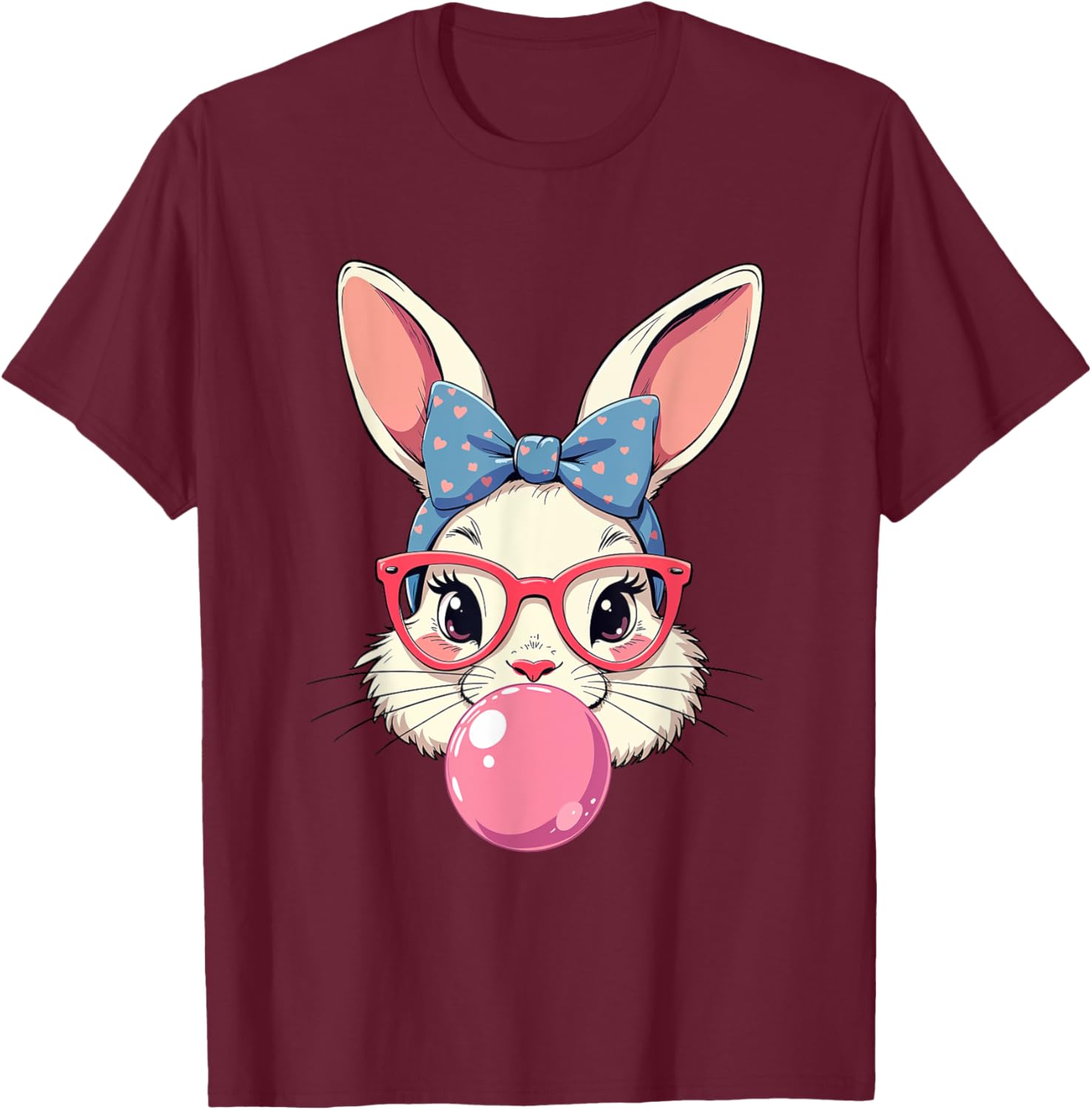 Cute Bunny Face T-Shirt with Heart Glasses and Bandana for Easter Fun - 17