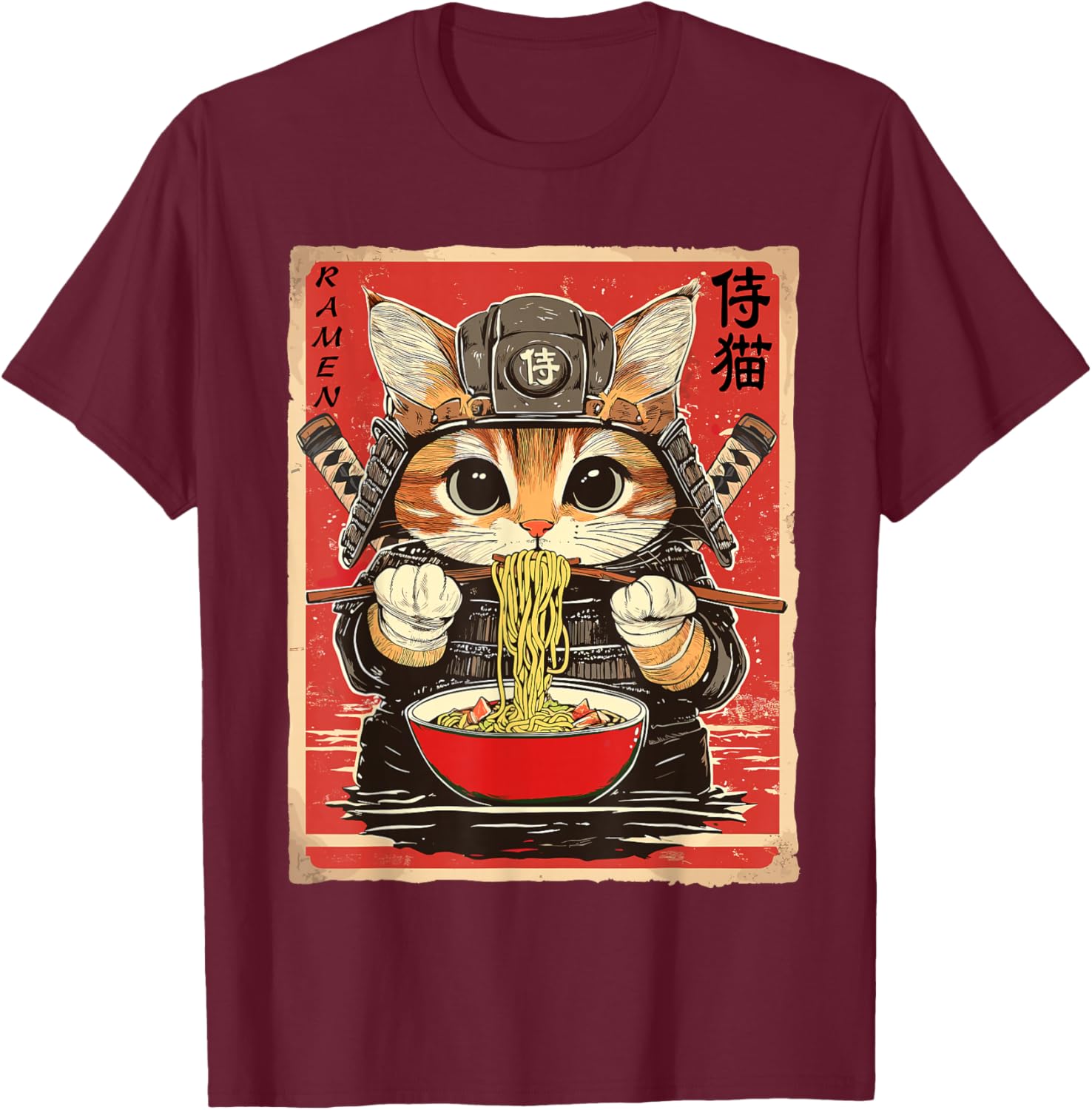 Japanese Samurai Ninja Cat Eating Ramen Funny T-Shirt for Cat Lovers - 3