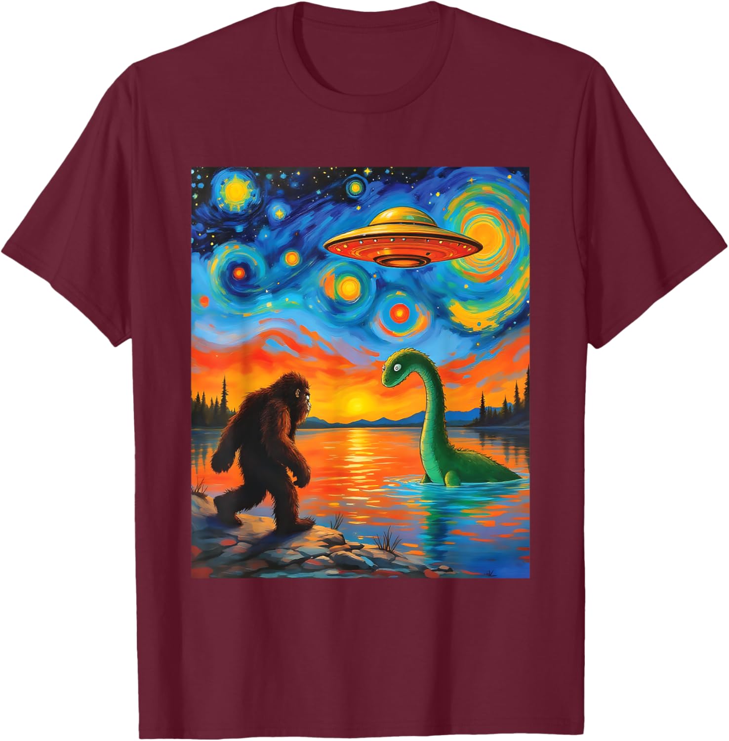 Bigfoot UFO Alien Encounter T-Shirt Inspired by Van Gogh's Starry Night - 3