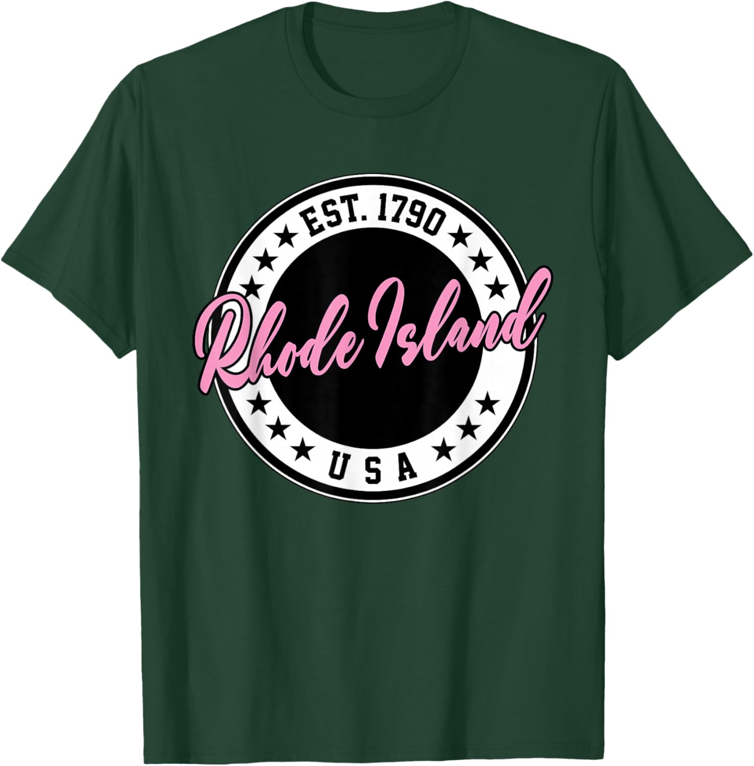Rhode Island USA Script Circle Pink Text T-Shirt for Stylish Comfort - 9