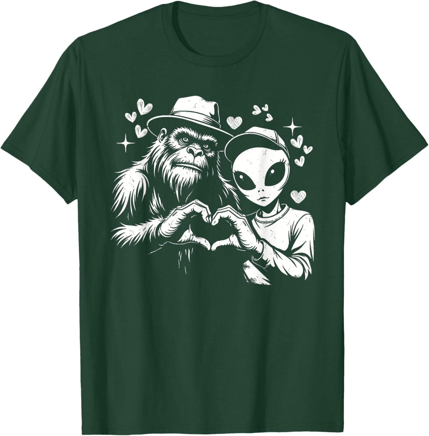 Funny Bigfoot and Alien Love Hand Sign T-Shirt for Unique Style - 11