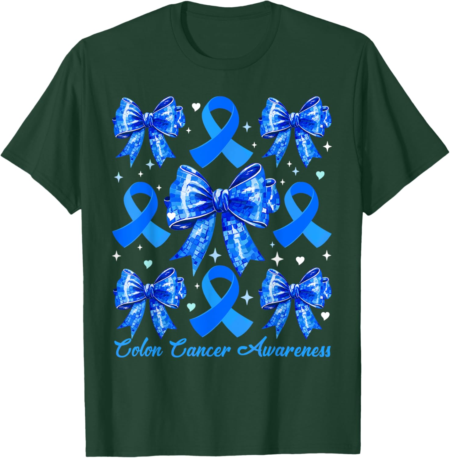 Retro Coquette Blue Ribbon T-Shirt for Women's Colon Cancer Awareness - 17
