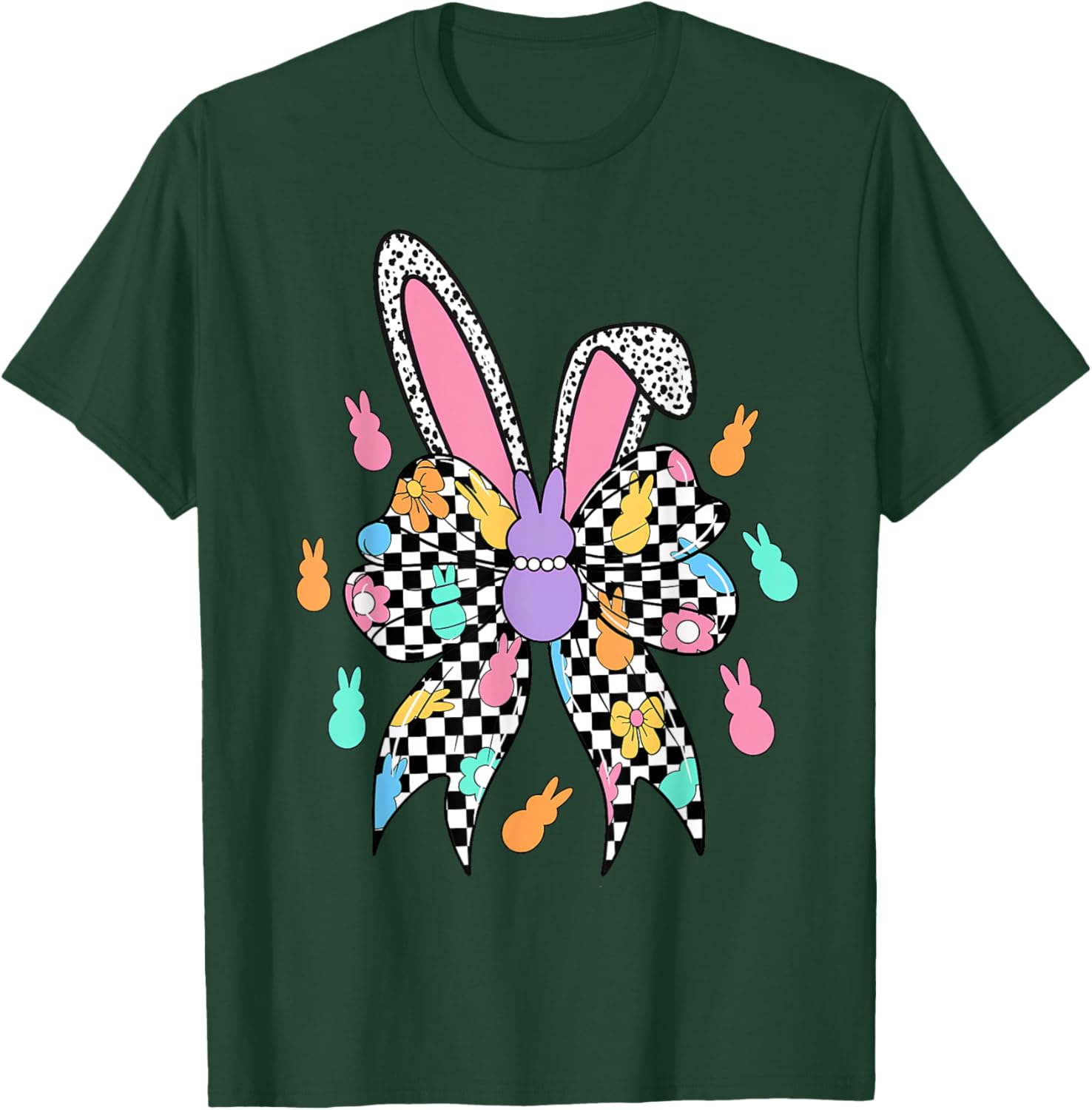Happy Easter Checkered Bunny Bow Ears T-Shirt for Women and Girls - 12