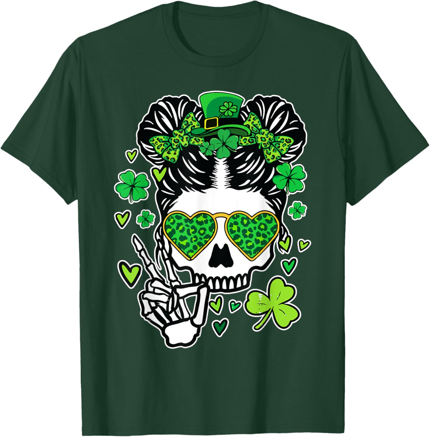 St Patrick's Day Skull Messy Bun Women’s T-Shirt for Festive Style - 2