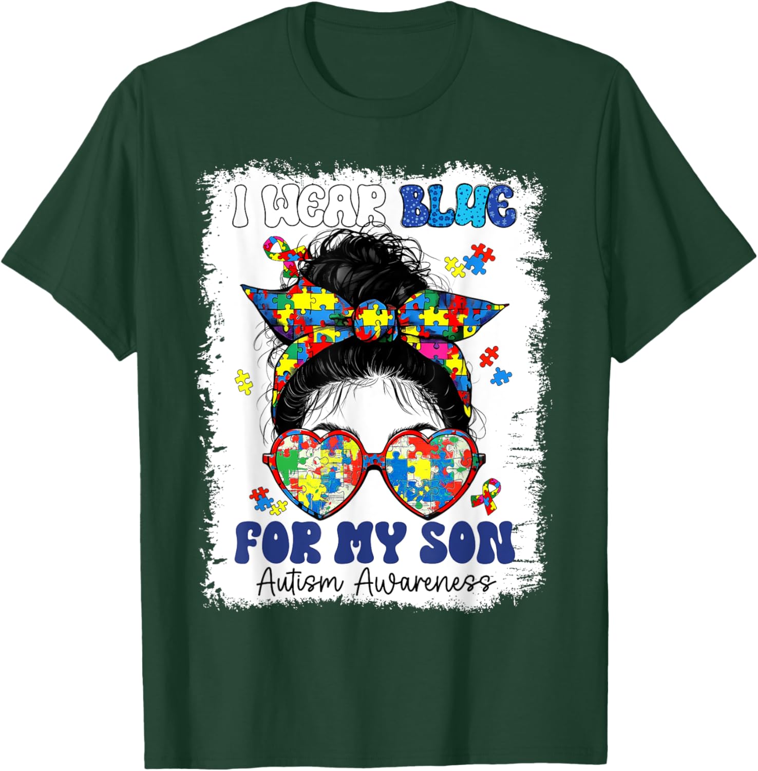 Mom Messy Bun Autism Awareness Puzzle T-Shirt for Proud Mothers - 11