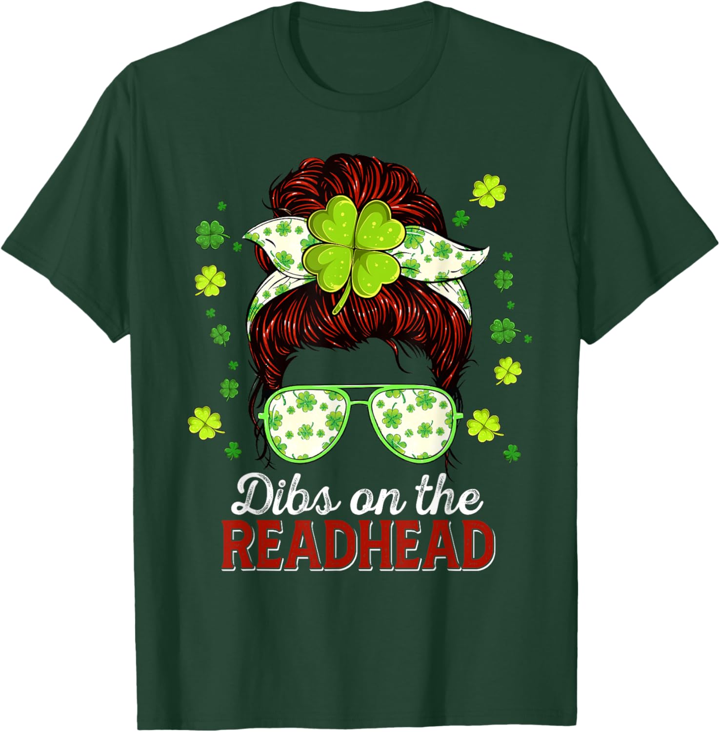 Dibs On The Redhead Shamrock St Patrick's Day Messy Bun T-Shirt - 4